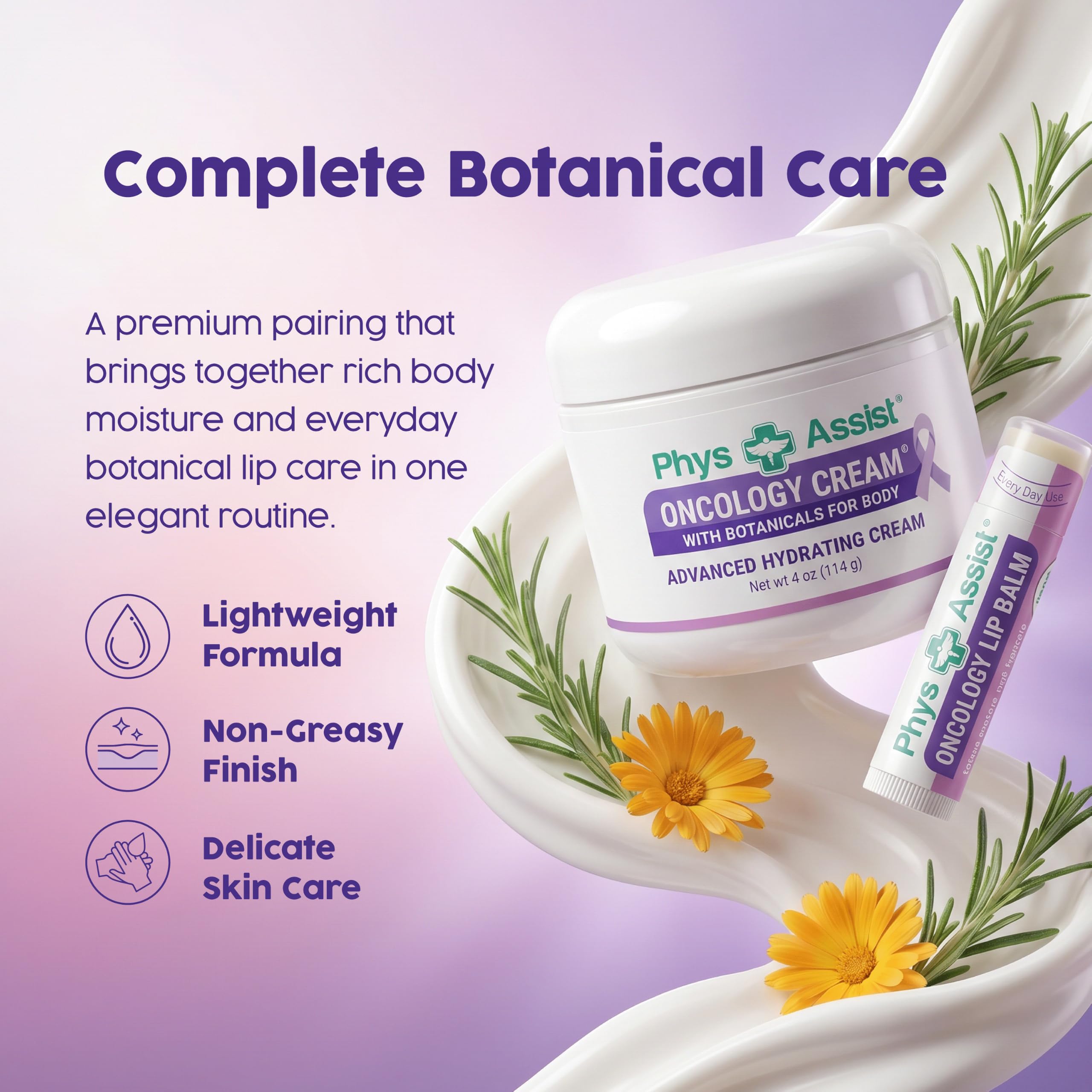 PhysAssist Oncology Botanical Body Cream 4 oz + Lip Balm Set