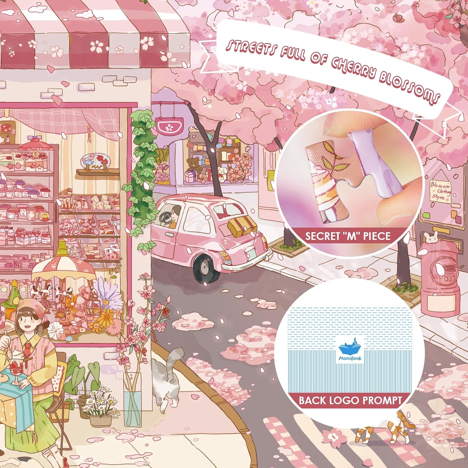 MOMIBOOK 1000 Piece Puzzle for Adults Jigsaw Puzzles of Streets Full of Cherry Blossoms, Painting Image Flower Street Difficult Challenging Hard Impossible Puzzle Unique Christmas Birthday Gifts
