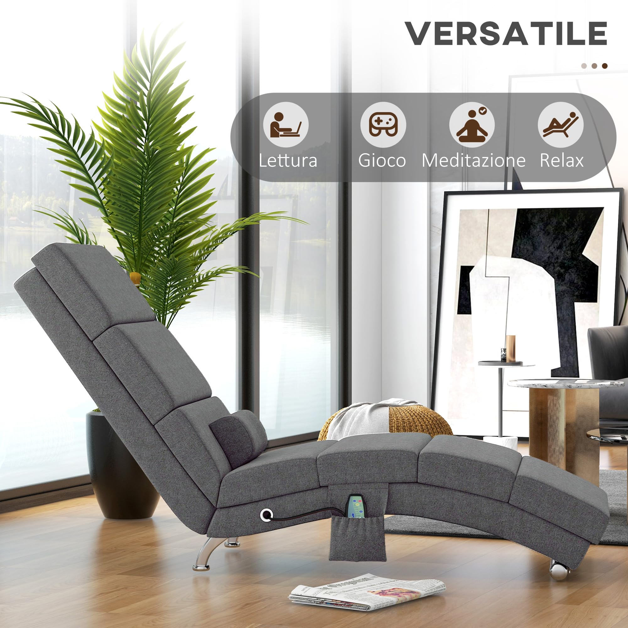 HOMCOM Poltrona Relax Massaggiante con 8 Punti Vibranti e Riscaldamento, 5 Modalità e 3 Timer, Chaise Longue Ergonomica in Tessuto Effetto Lino con Telecomando, Grigio