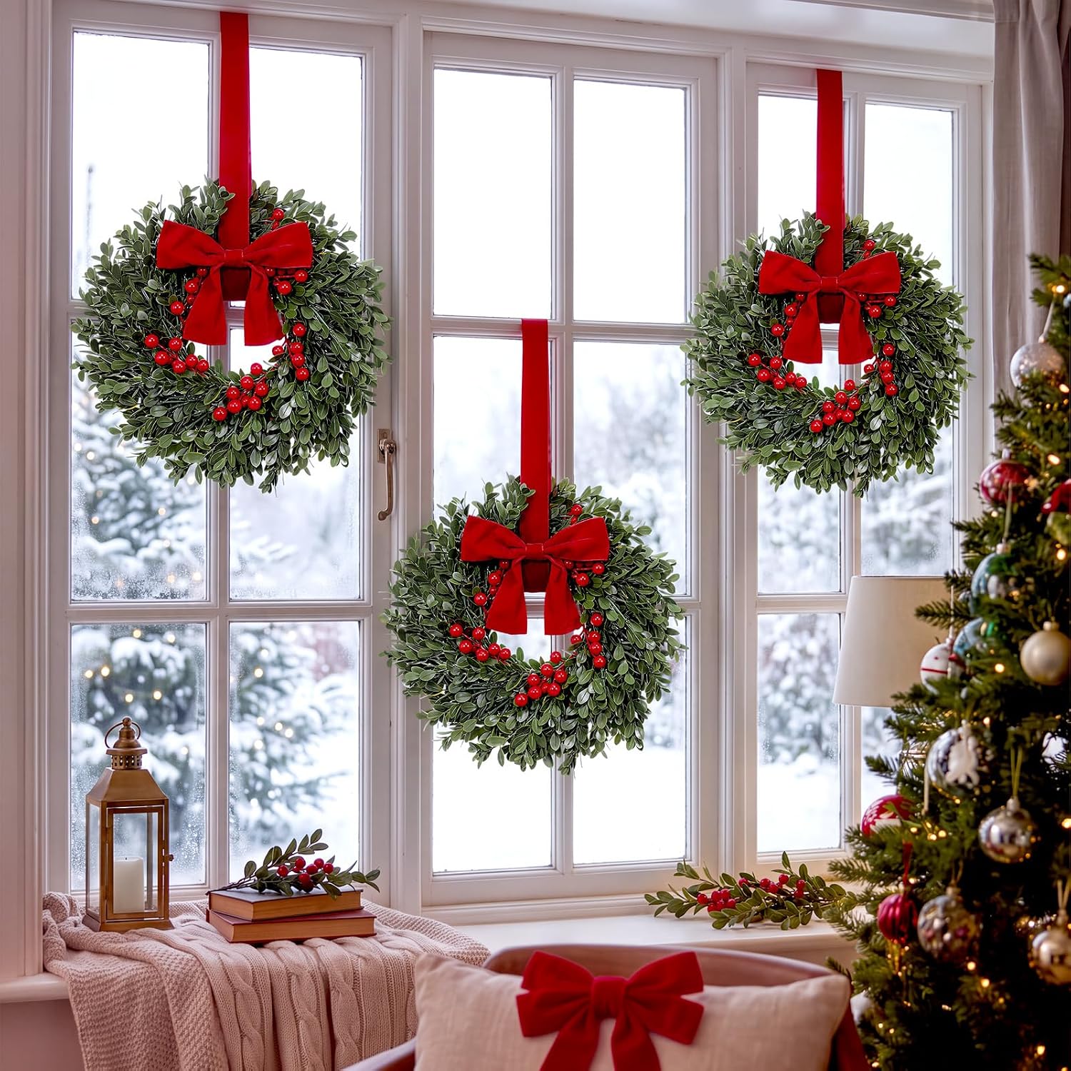 Dingion 4 Pcs 14'' Small Christmas Everygreen Wreath with Velvet Bow,
