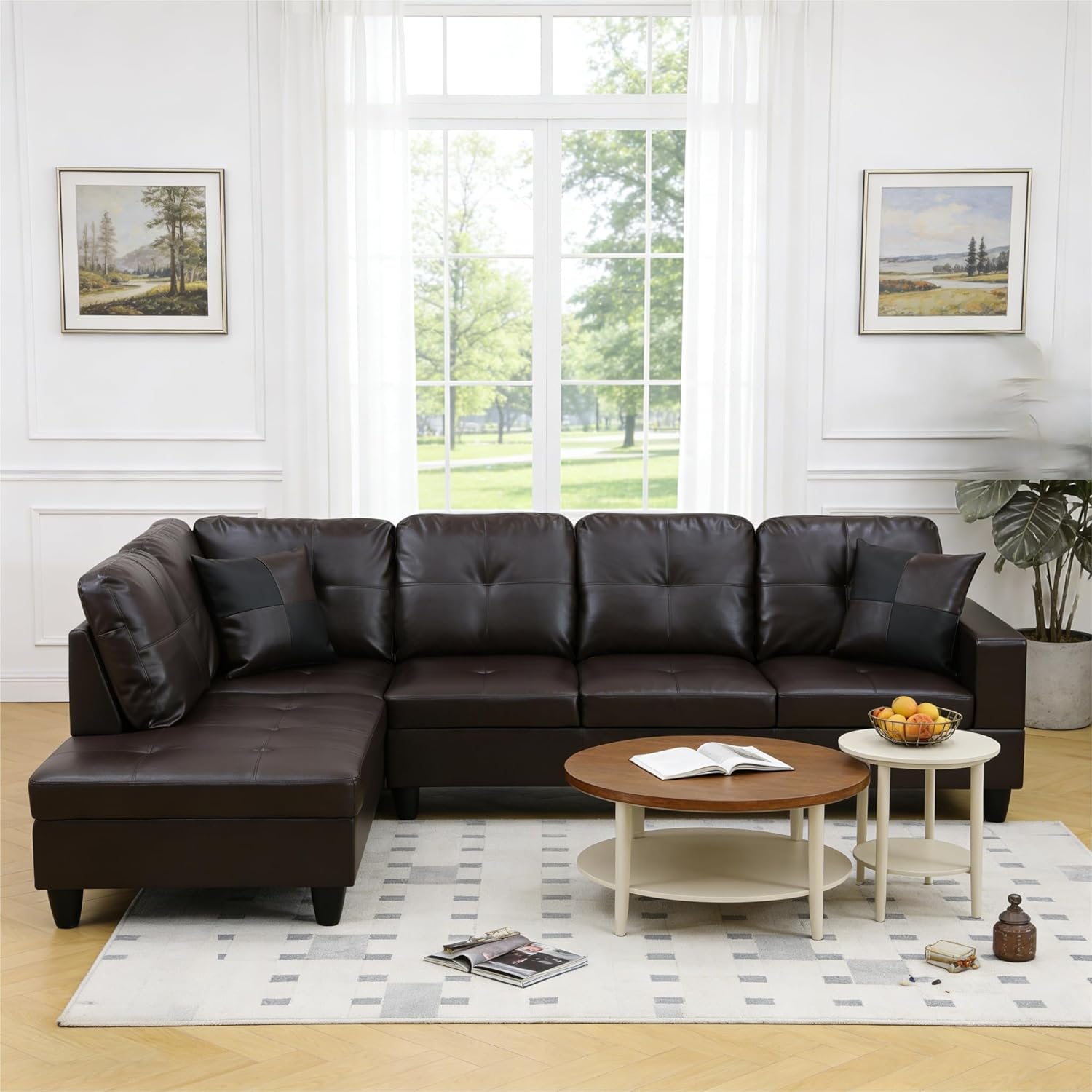 103.5 Inch Modern L-Shaped Couch, Faux Leather Sectional Sofa with Chaise Lounge, 4-Seater Couch with Accent Pillows for Living Room, Apartment, Brown