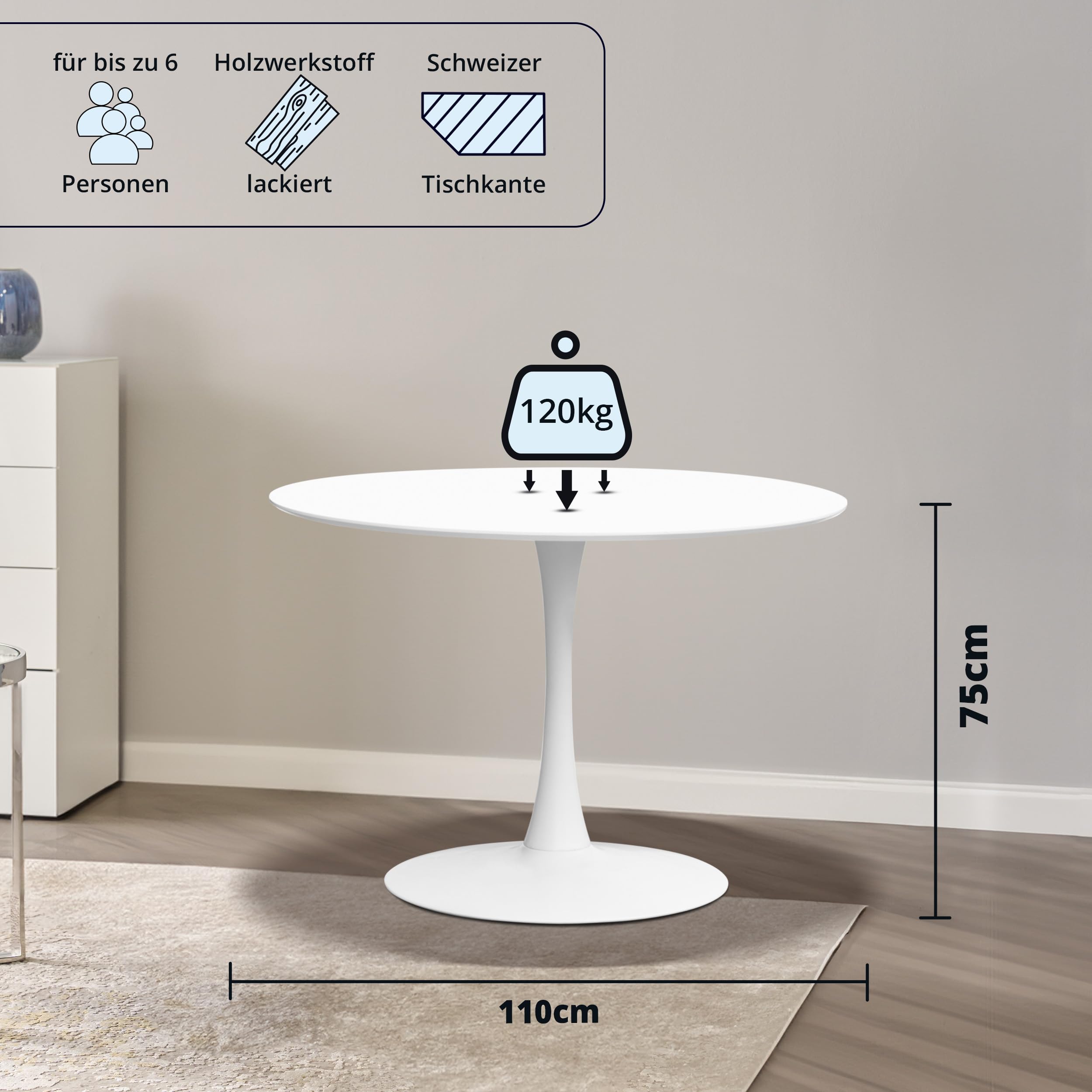 KHG Esstisch, Küchentisch Rund 110 cm Durchmesser, Weiß lackiert, für 6 Personen, 75 cm Höhe, Tisch für Wohnzimmer, Küche, Büro, minimalistisches Design