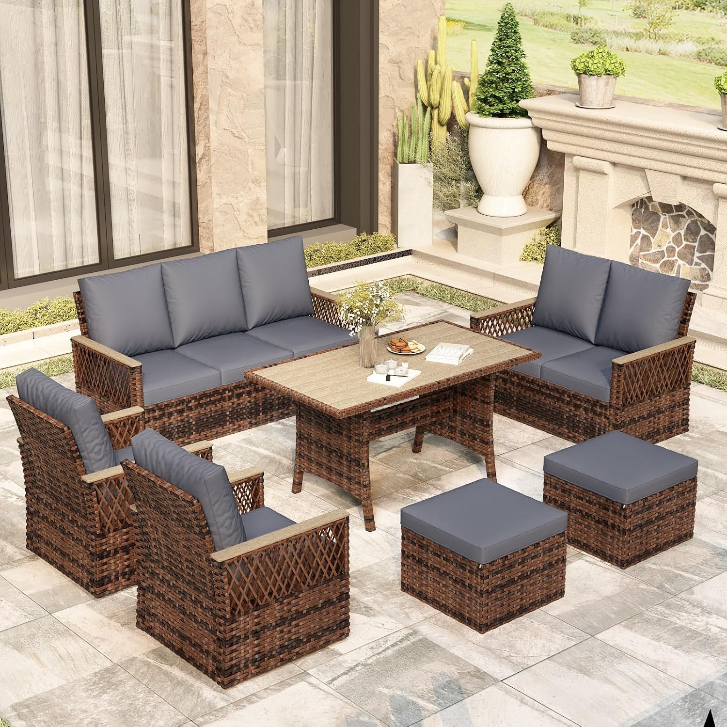 MELLCOM 7-Piece Patio Furniture Set, Outdoor Wicker Chairs with Ottomans, 3-Seat Sofa, Loveseat & Dining Table, All-Weather Patio Conversation Set with Water-Resistant Cushion & High Back for Backyard