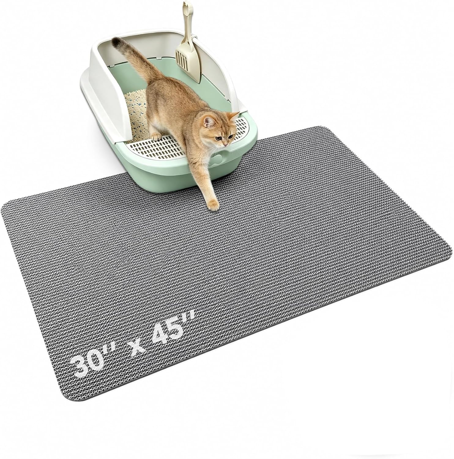 Cat Litter Mat, 17 x 23 in – Non-Slip, Cut-to-Fit | Soft honeycomb surface traps litter; non-slip backing grips smooth floors; trims to fit boxes, crates, and feeding areas