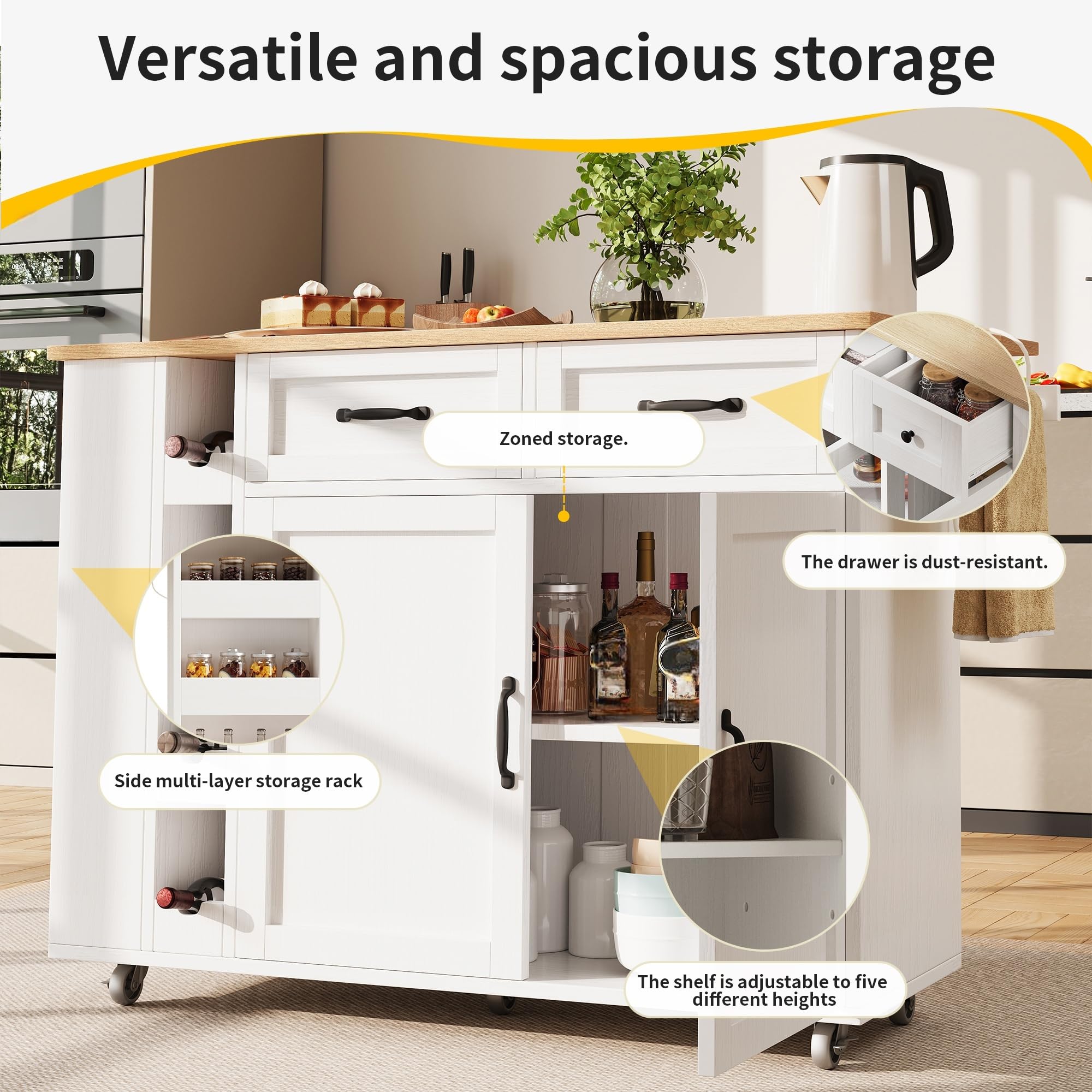 Ymkua Carrello da Cucina, Isola da Cucina con Piano di Lavoro Pieghevole e Cassetti, Mobile Buffet con Presa di Corrente, Bianco, 131.5x76x90.7 cm