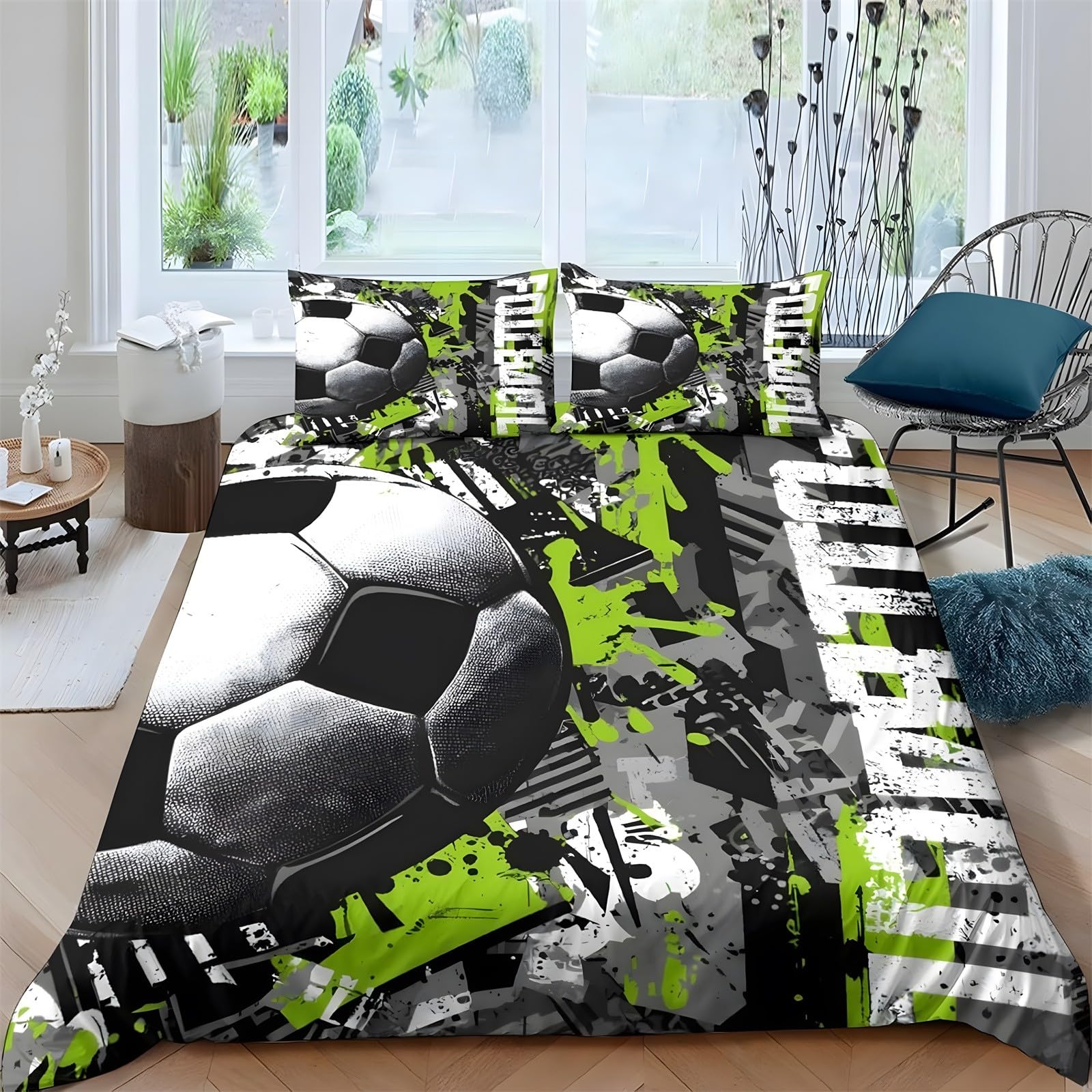 Ypthriline Black Green King Size Duvet Cover Sets Soccer Ball Bedding Set Microfiber Duvet Covers With Pillowcases Reversible Bedding With Zipper Closure 230X220cm