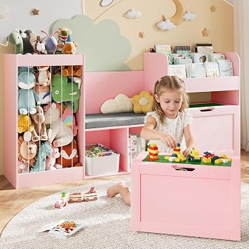 68.9"W Kids Toy Storage, Large Bookshelf with Reading Nook, Removable Building Baseplate Lid for Lego, Rolling Drawers, Stuffed Animal Storage, Bench and Removable Cushions for PlayroomPink