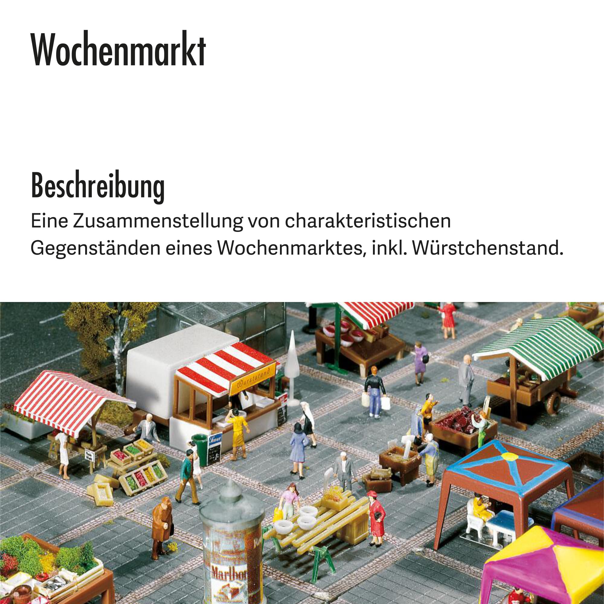 FALLER Wochenmarkt Modellbausatz mit 147 Einzelteilen I Modelleisenbahn Zubehör N I Modelleisenbahn N Wochenmarkt inkl. Würstchenstand I Epoche 3