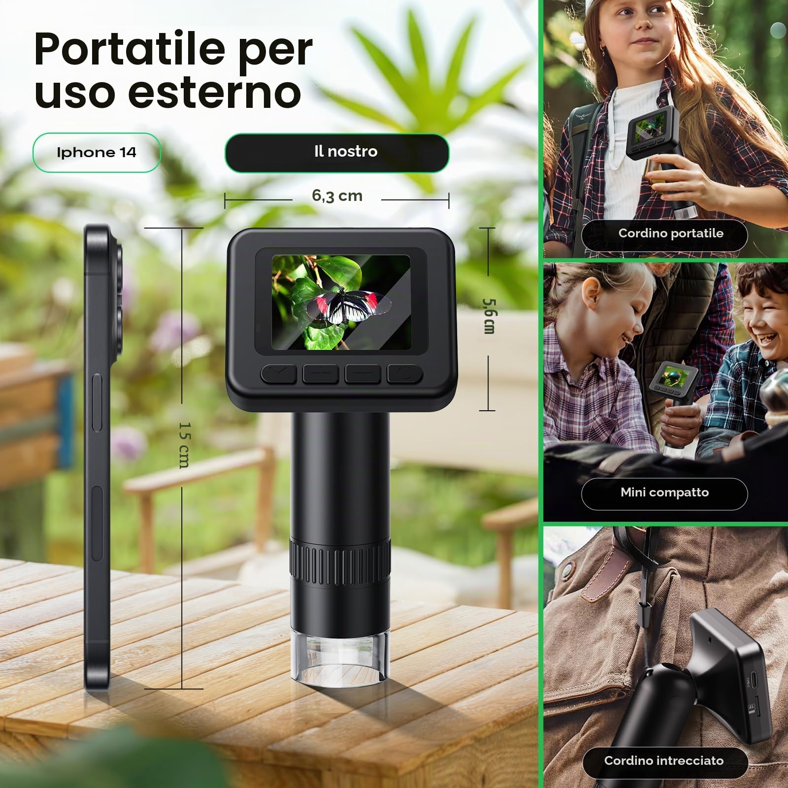 Microscopio Digitale Portatile D-KS2 con Schermo IPS da 2", per Scattare Foto e Video, Scaricare su PC e Mac, Microscopio tascabile 1000X per Bambini/Adulti con Supporto Scheda SD da 32 G
