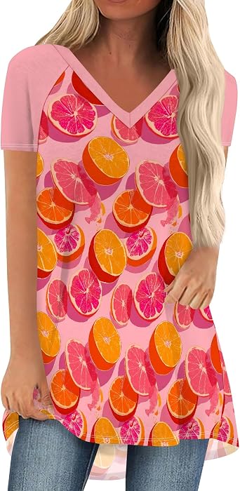 Fruit Print T-Shirts for Women V-Neck Short Sleeve Loose Fit Lightweight Oversized Summer Top Tee Shirt Style-15 S