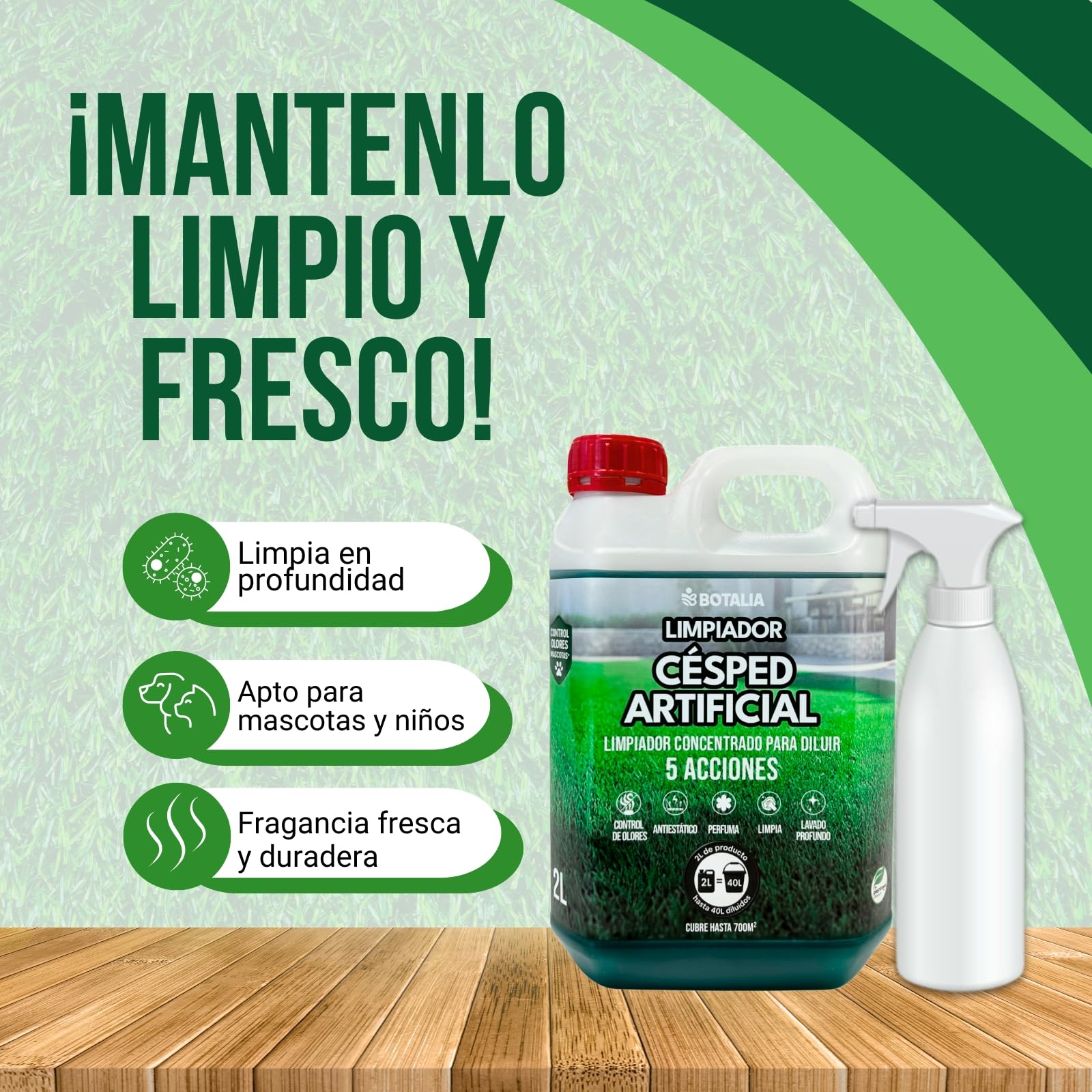 PLANTAWA Confezione da 2 x detergente per prato artificiale da 2 l + spray | pulisce erba artificiale e siepi | Confezione risparmio con aroma fresco | pulizia profonda per giardini e terrazze