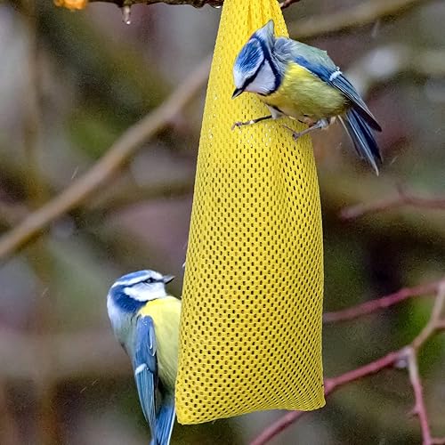 Miniatura 6 de Shappy 6 unidades de comederos de pinzones para colgar en exteriores, calcetines de cardo y pájaro para pájaros y semillas de cardo (amarillo, 3.94