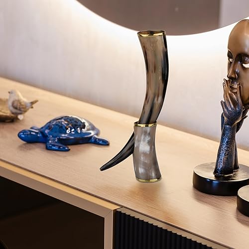 Miniatura 5 de Cuerno de beber real con soporte hecho a mano para cerveza Viking Ale cerveza vino malta vaso (14 pulgadas, toque metálico)