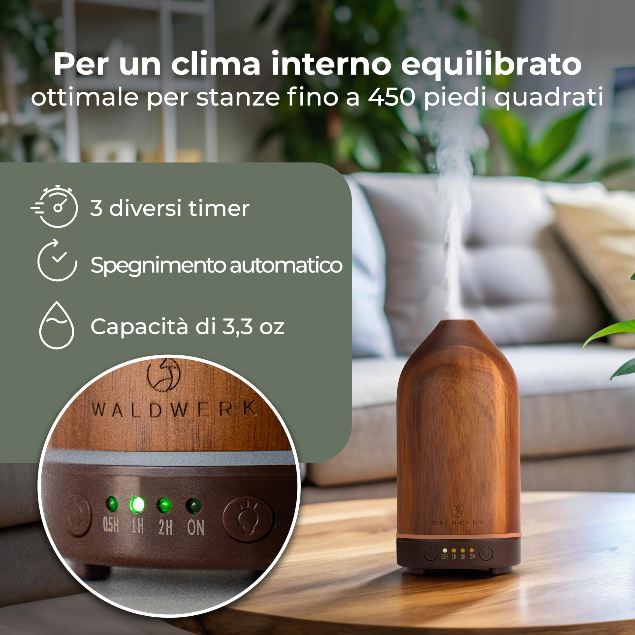 WALDWERK Diffusore di Oli essenziali (100ml) in pregiato legno di acacia – Diffusore di aromi per un ambiente piacevole – Diffusore per oli essenziali – Diffusore profumo ambiente