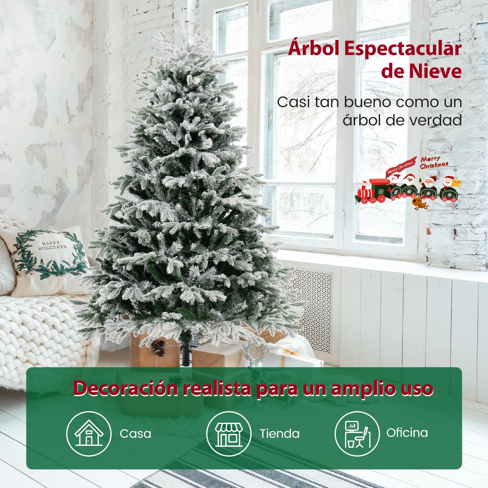 COSTWAY Arbol de Navidad Nevado con Luces 180cm, Arbol de Navidad con Luces Incorporadas, 350 Luces LED Blancas Cálidas, 1022 Puntas de PE y PVC, Arvore de Natal Hogar Oficina Tienda(180cm)