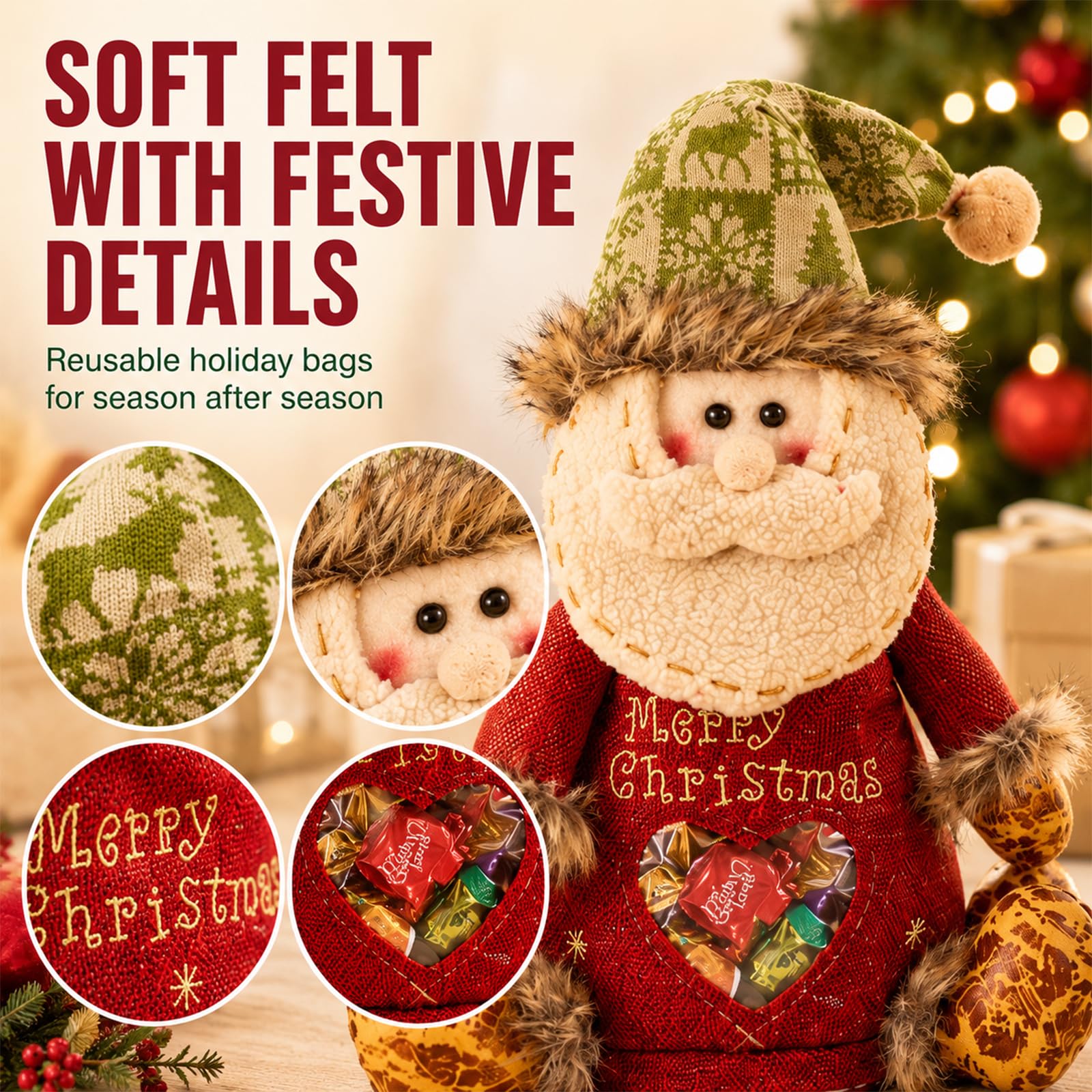 Christmas Gift Bags Zipper Design, Reusable Felt Bags for Small Gifts (2 sets)