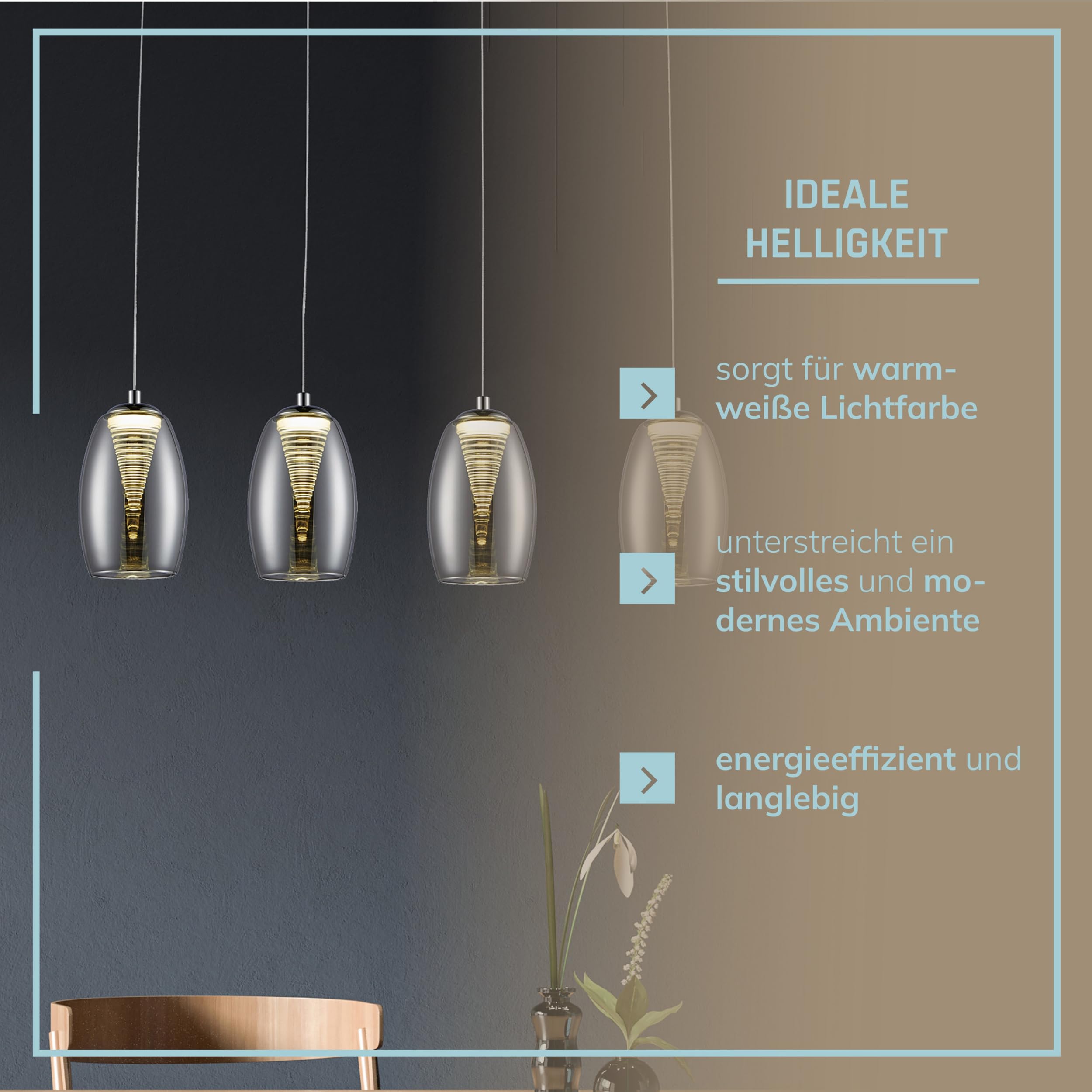 Lightbox LED Pendelleuchte mit Rauchglas - höhenverstellbare Hängelampe 4-flammig - dimmbare Deckenleuchte mit 3-Stufen-Schaltung - Lampe für Esstisch, Wohnzimmer & Küche - inkl. LED