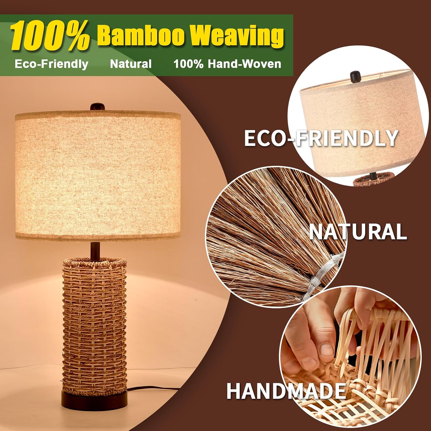23.3" Boho Table Lamps for Living Room, Bedside Lamp for Nightstands, Rattan Lamp Wicker Lamp for Bedroom, Farmhouse Rustic Woven Table Lamp for Kitchen Room Decor, End Table, Retro(No Bulb)