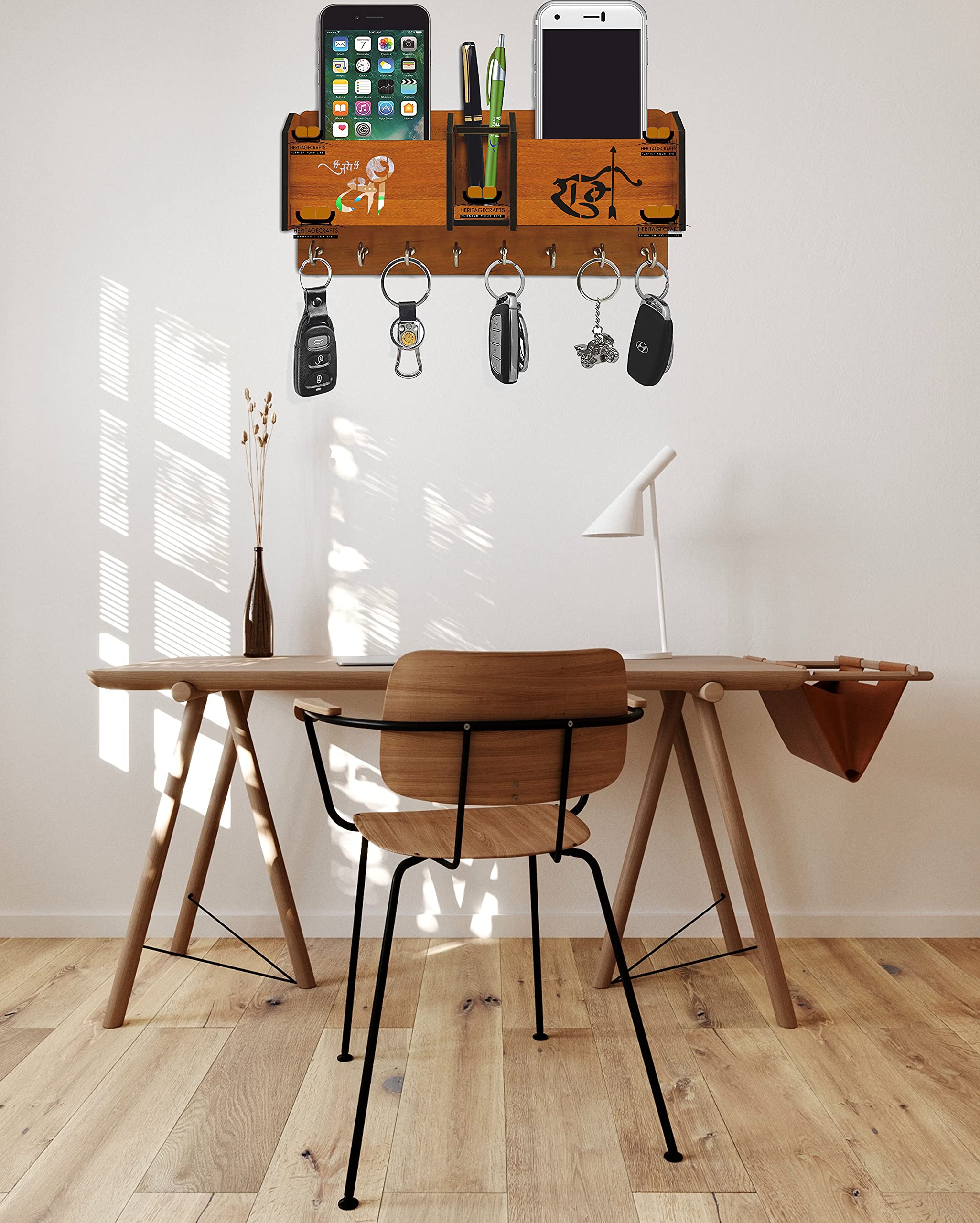 Wooden Pen & Key Holder - 8 Hooks, Stylish Storage -4