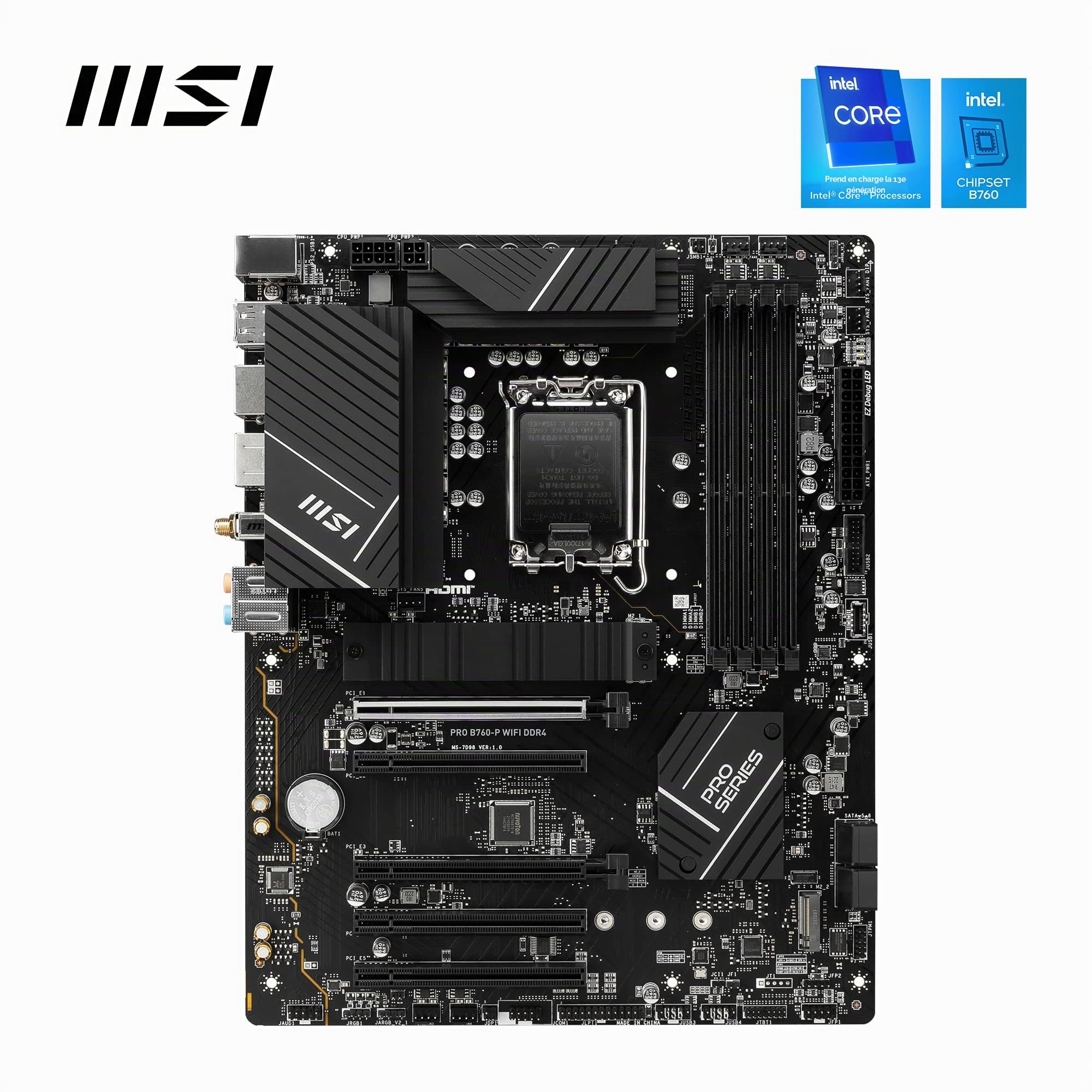 MSI Pro B760-P WiFi DDR4 Carte mère, ATX - pour Les processeurs Intel Core 14ème, 13ème et 12ème gén, LGA 1700 - DDR4 Memory Boost 5333+MHz/OC, Slot PCIe 4.0 x16, Slots M.2 Gen4, 2.5G LAN, Wi-FI 6E