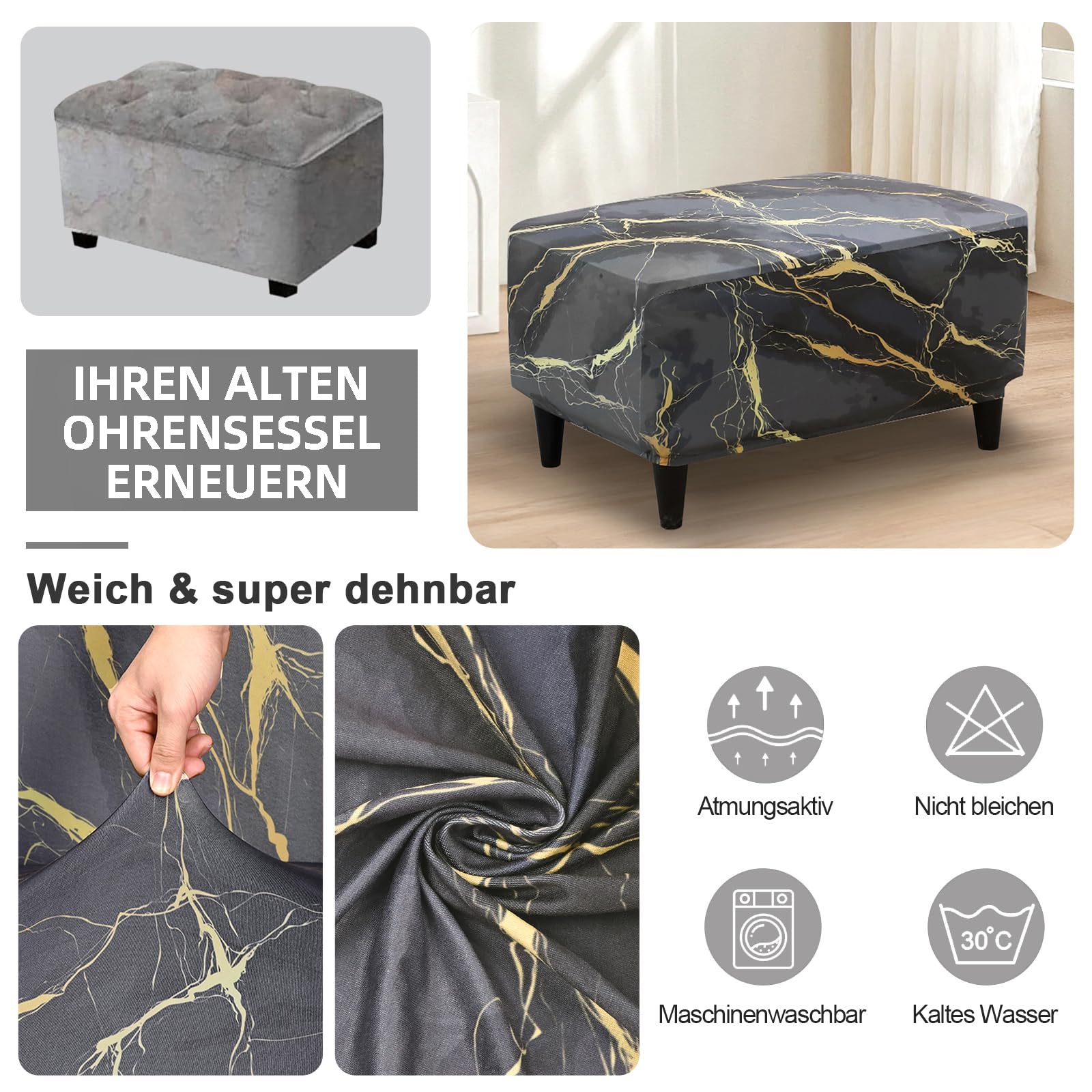 Alishomtll 3-delige oorfauteuilhoes met voetenbankhoes, stretch
