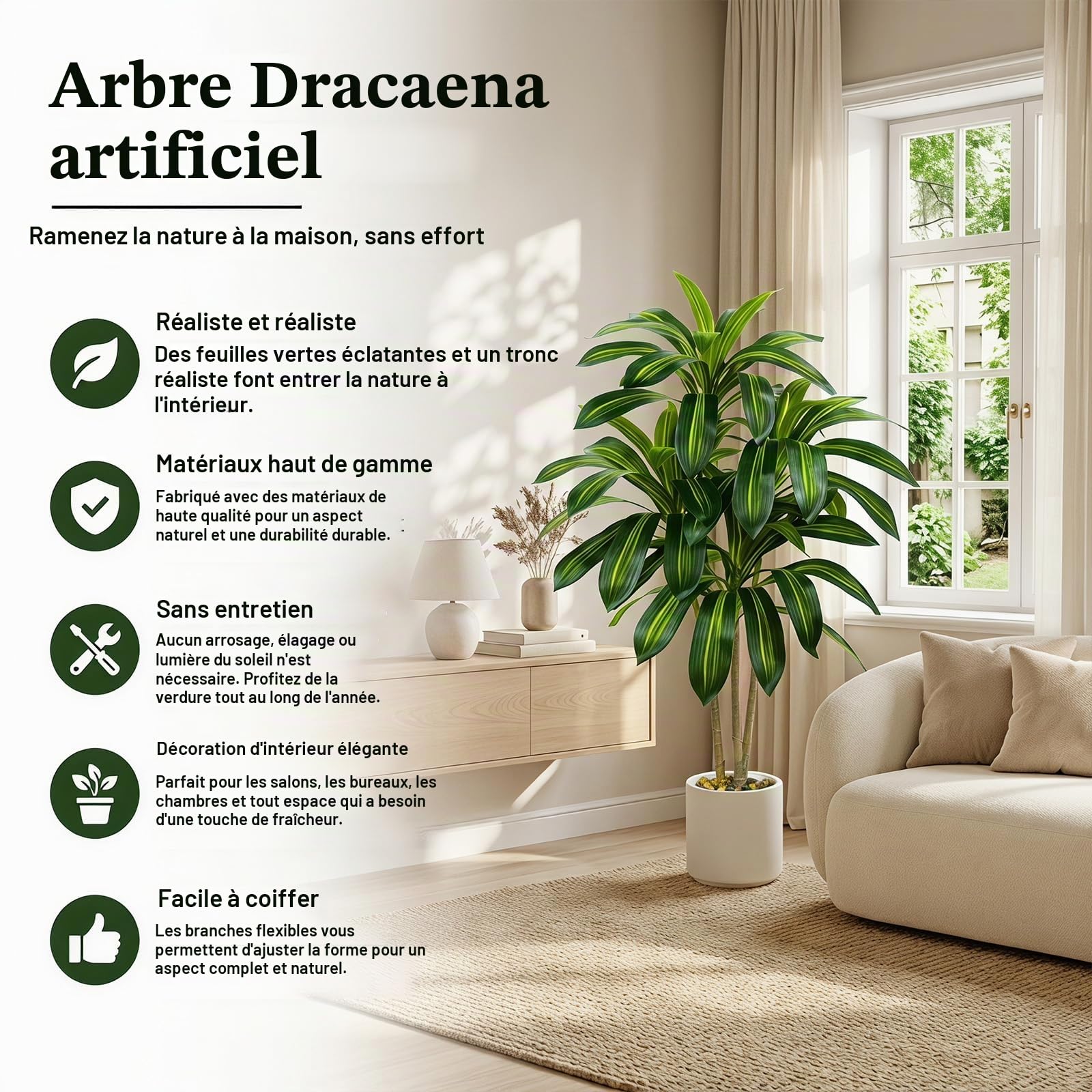 Plante Artificielle Dracaena Intérieur 150cm Arbre Artificiel Dracaena Faux Arbre en Soie avec Jardinière Blanche Faux Tropical Yucca Floor Plant pour Bureau à Domicile Décorati (1, Blanc, 120cm)