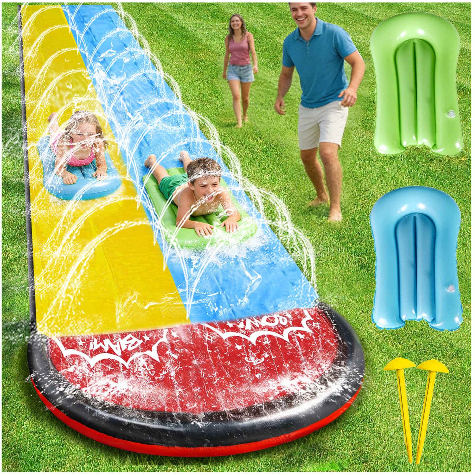 480cm Lange Rutsche und Wasserrutsche mit 2 Bodyboards, Integrierter Sprinklerkopf für Kinder und Erwachsene