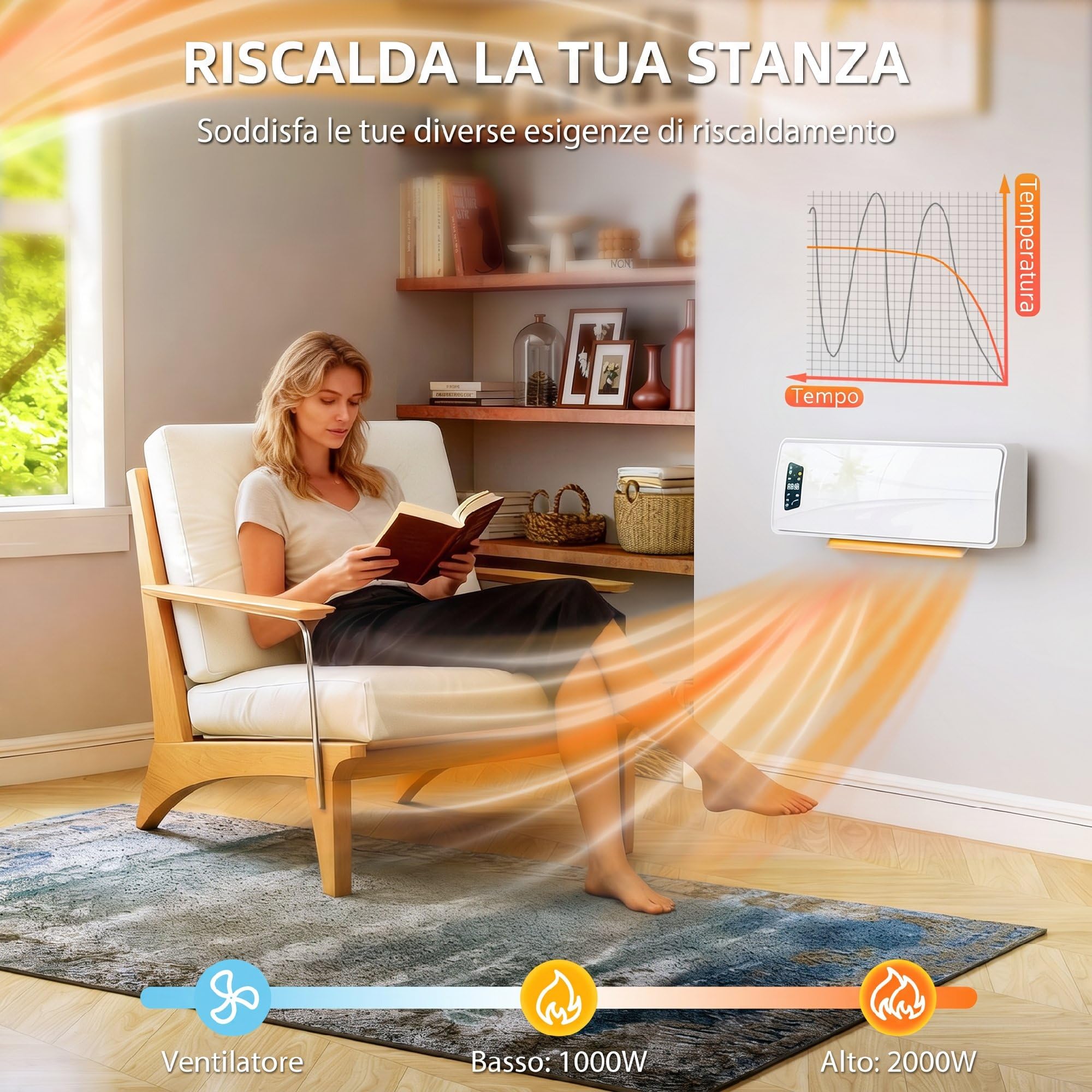 HOMCOM Termoventilatore da Parete 2000W, 3 Modalità, Termostato, Bianco