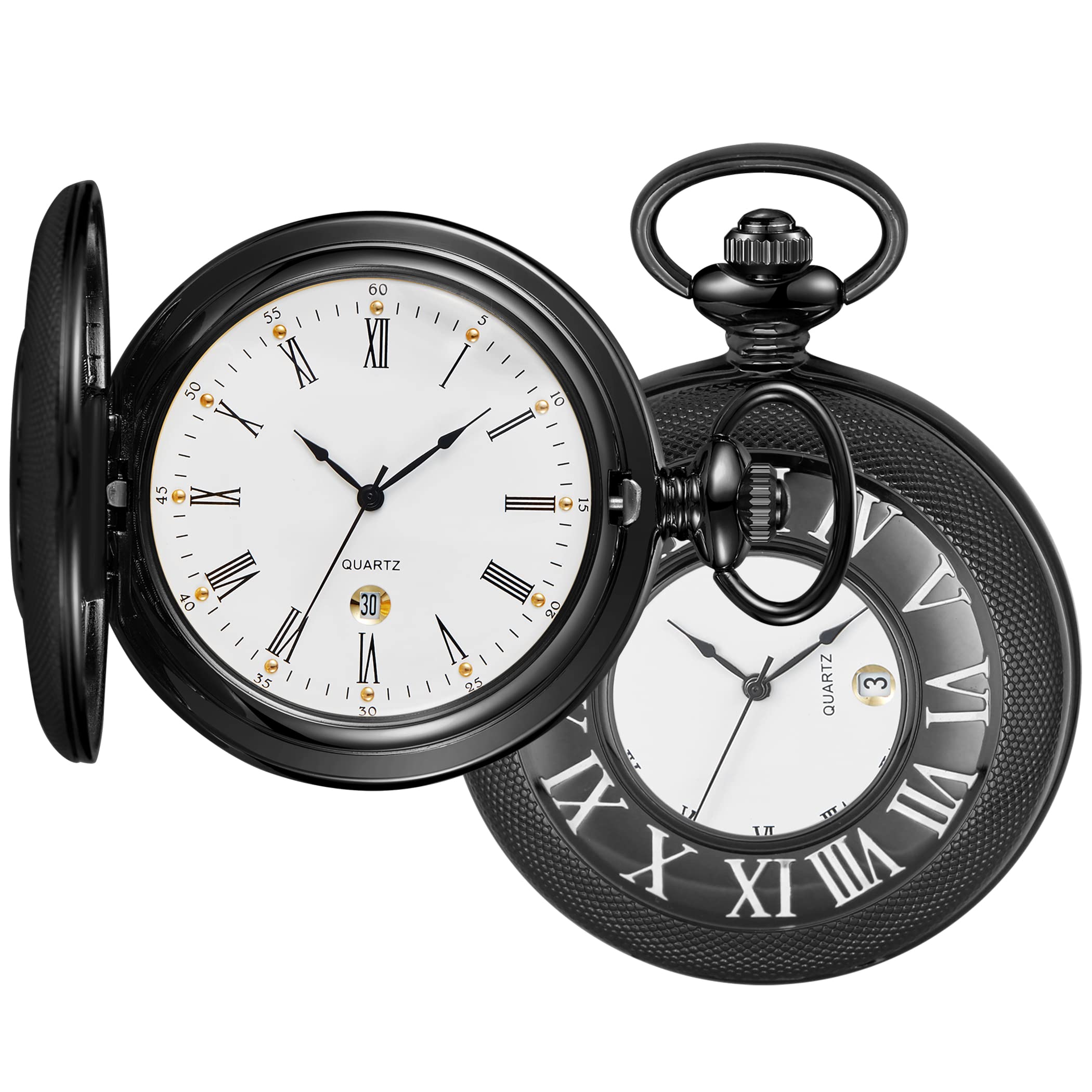 realpoo Hollow Roman Digital Pocket Watch Cover for Men, Calendar Roman Dial Men's Quartz Pocket Watch with Chain for Christmas Graduation Birthday Fathers Day Mothers Day Gifts-picture-11