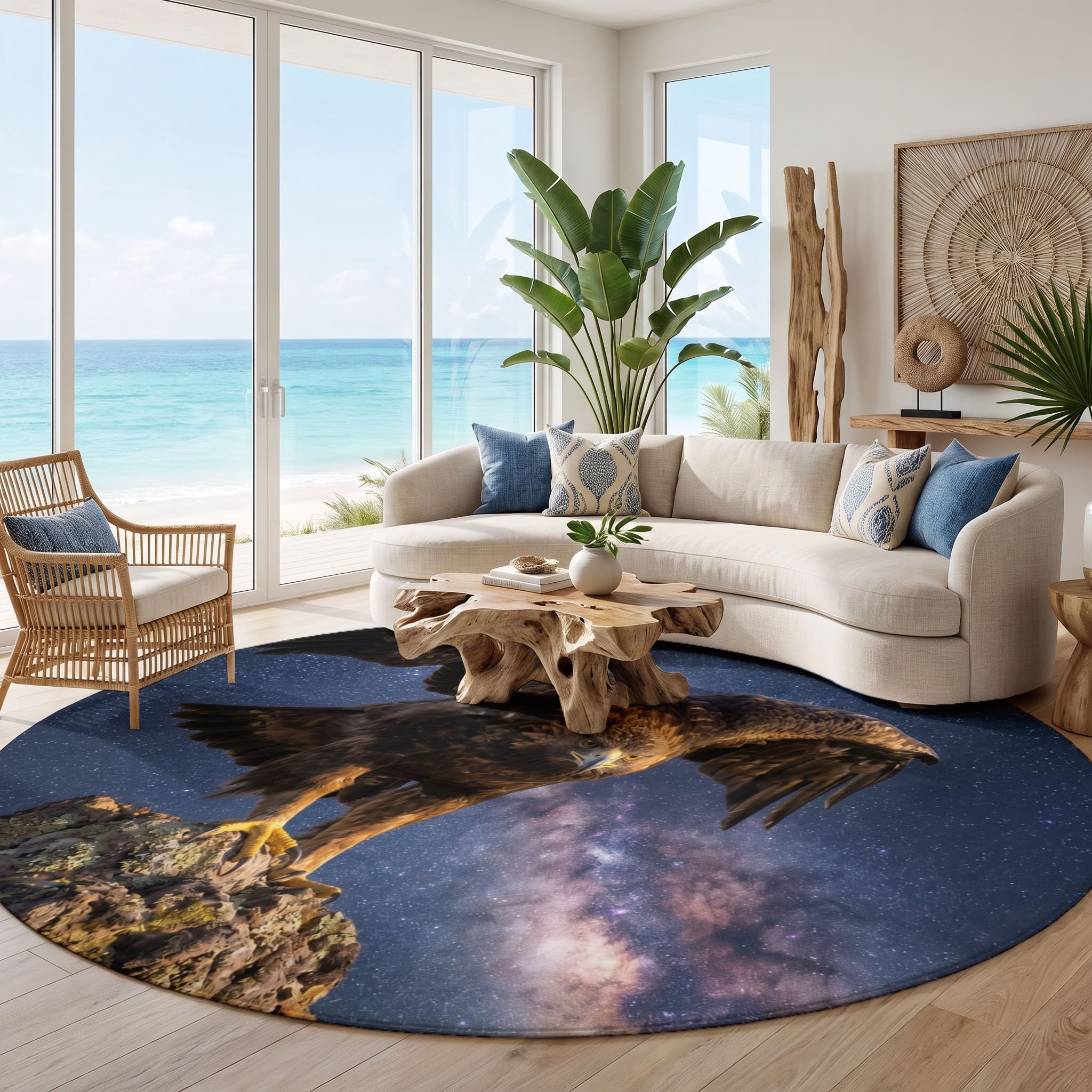 Tapis Rond Aigle Ciel Étoilé 100cm | Créature Fantastique Rond Tapis Doux Résistant, Lavable Antidérapant pour Chambre à Coucher Salle à Manger