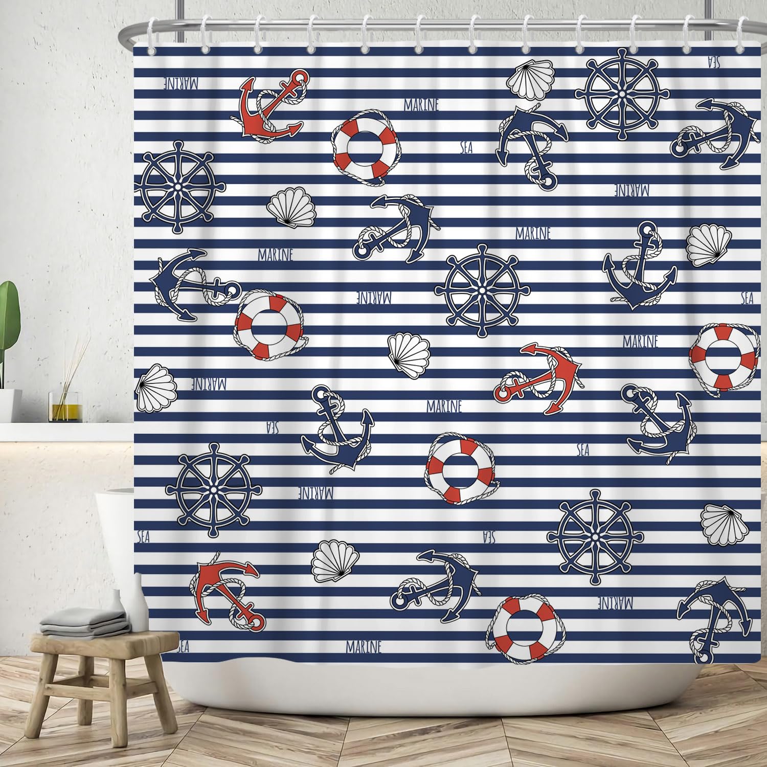 ASDCXZ Maritim Shower Curtain 120x200 cm, White Navy Blue Stripes Nautical Anchor Compass Lifebuoy Bath Washable Shower Curtains Polyester Textile Waterproof Bath Curtain for Bathtub with 8 Hooks — image 1