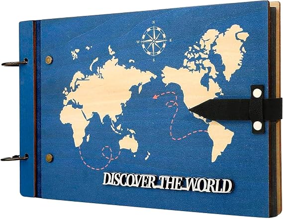 ZEEYUAN Fathers Day Gift From Wife/Daughter/Son Wooden Scrap Book Album World Map Travelling Journal Scrapbook Our Adventure Book, Scrapbooking Kits DIY Scrapbook Memory Photo Book for Couples