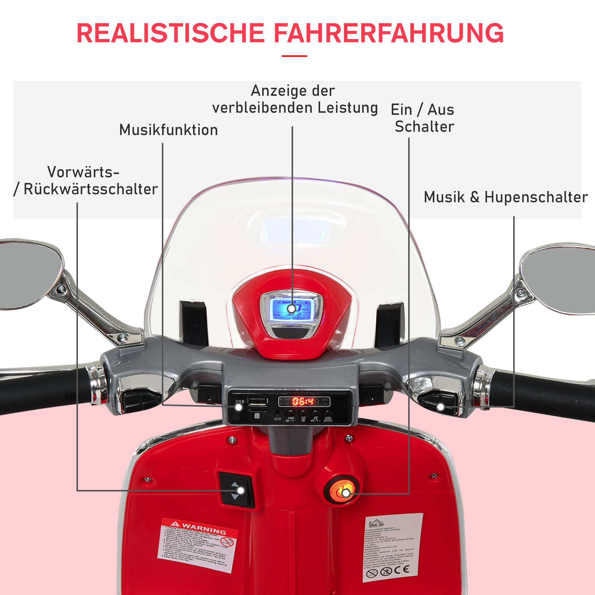 HOMCOM Elektro Kindermotorrad Elektromotorrad mit MP3, Musik, Scheinwerfer, Vor- und Rückwärtsgang, Kinder Elektro Motorrad für 3-6 Jahre Kinder, Rot