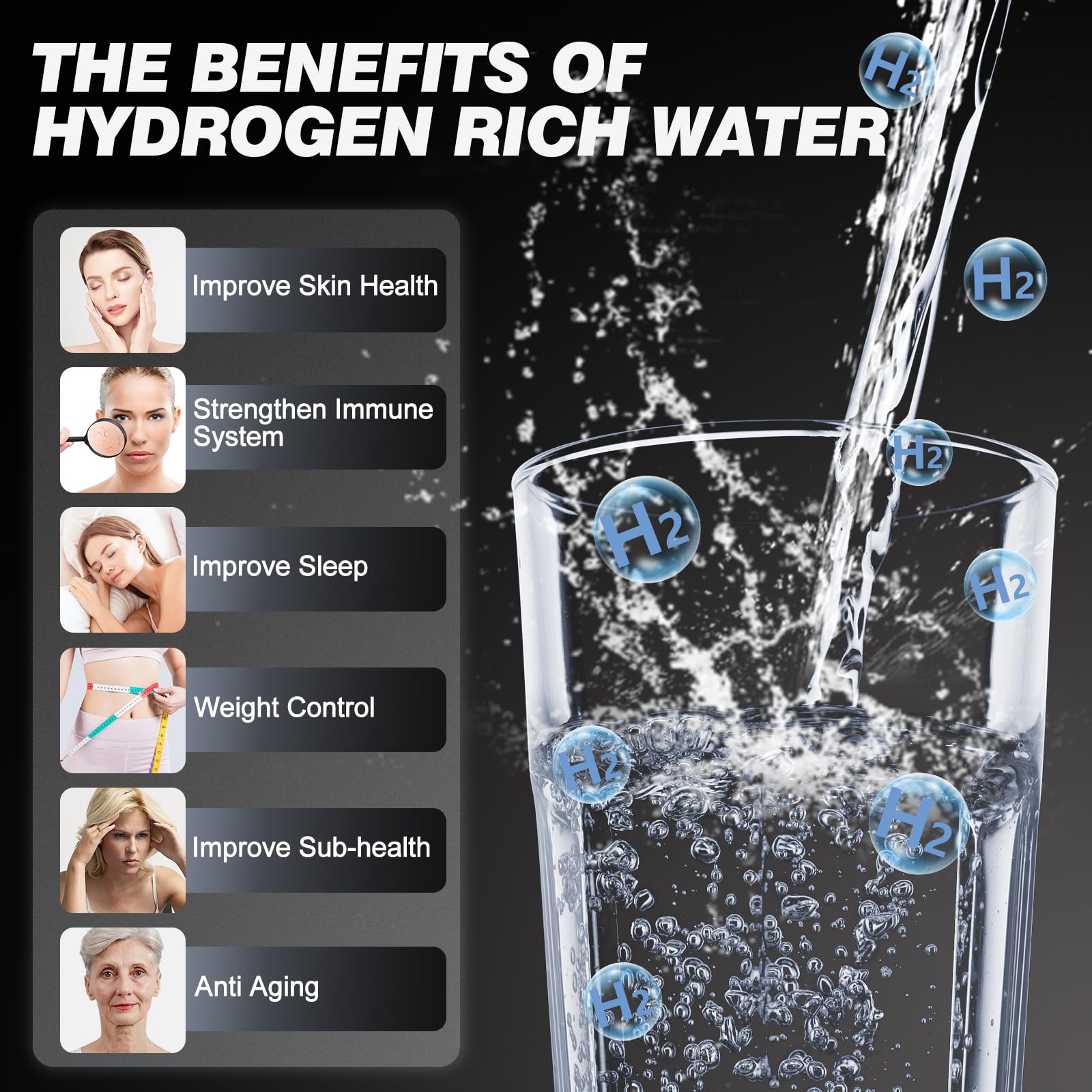 Botella de agua de hidrógeno rica en hidrógeno: tecnología SPE/PEM mejorada, botella portátil recargable de vidrio (adecuada para agua purificada y destilada)