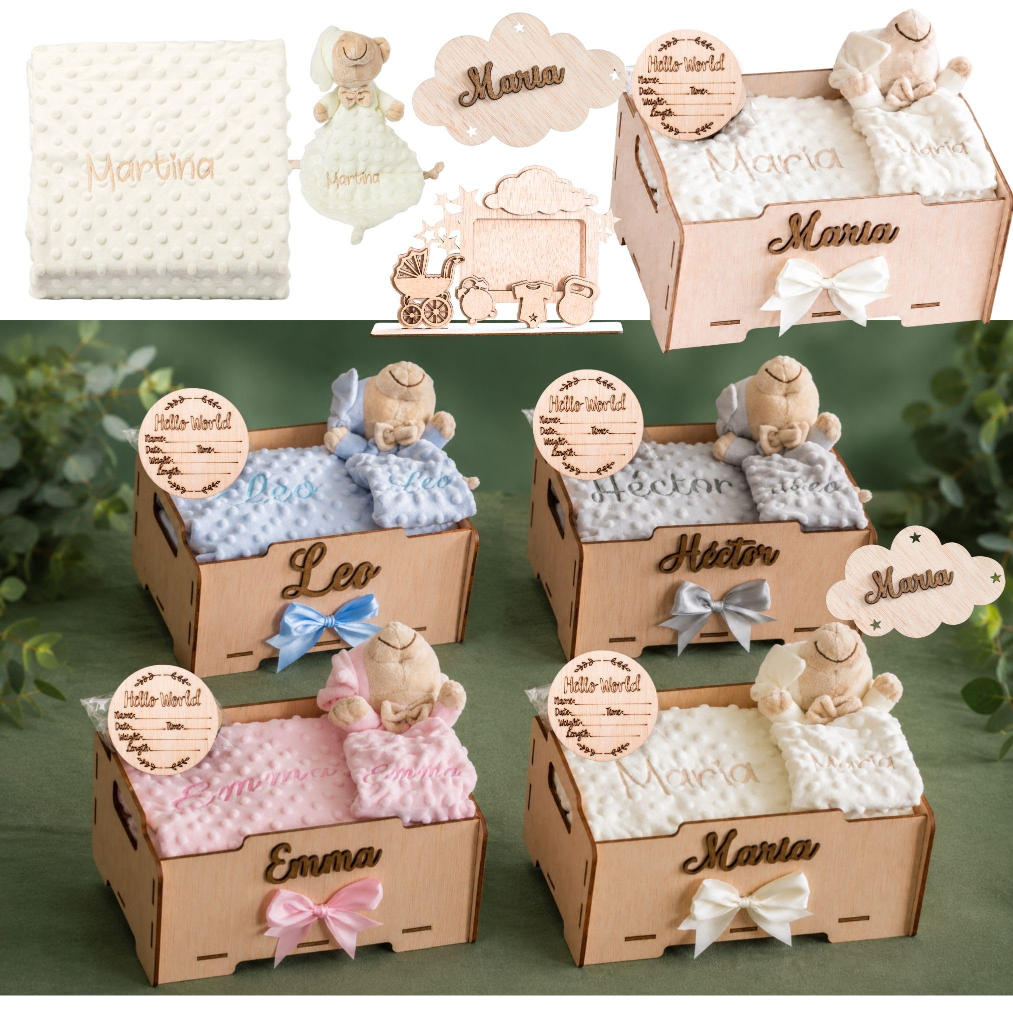 Geschenk für Neugeborene Jungen oder Mädchen | Babykorb mit Babydecke & Schmusetuch Geschenk zur Geburt, Taufe, Schwangerschaft, fürs Krankenhaus & Baby Shower | Personalisiert mit Namen + Holzbox