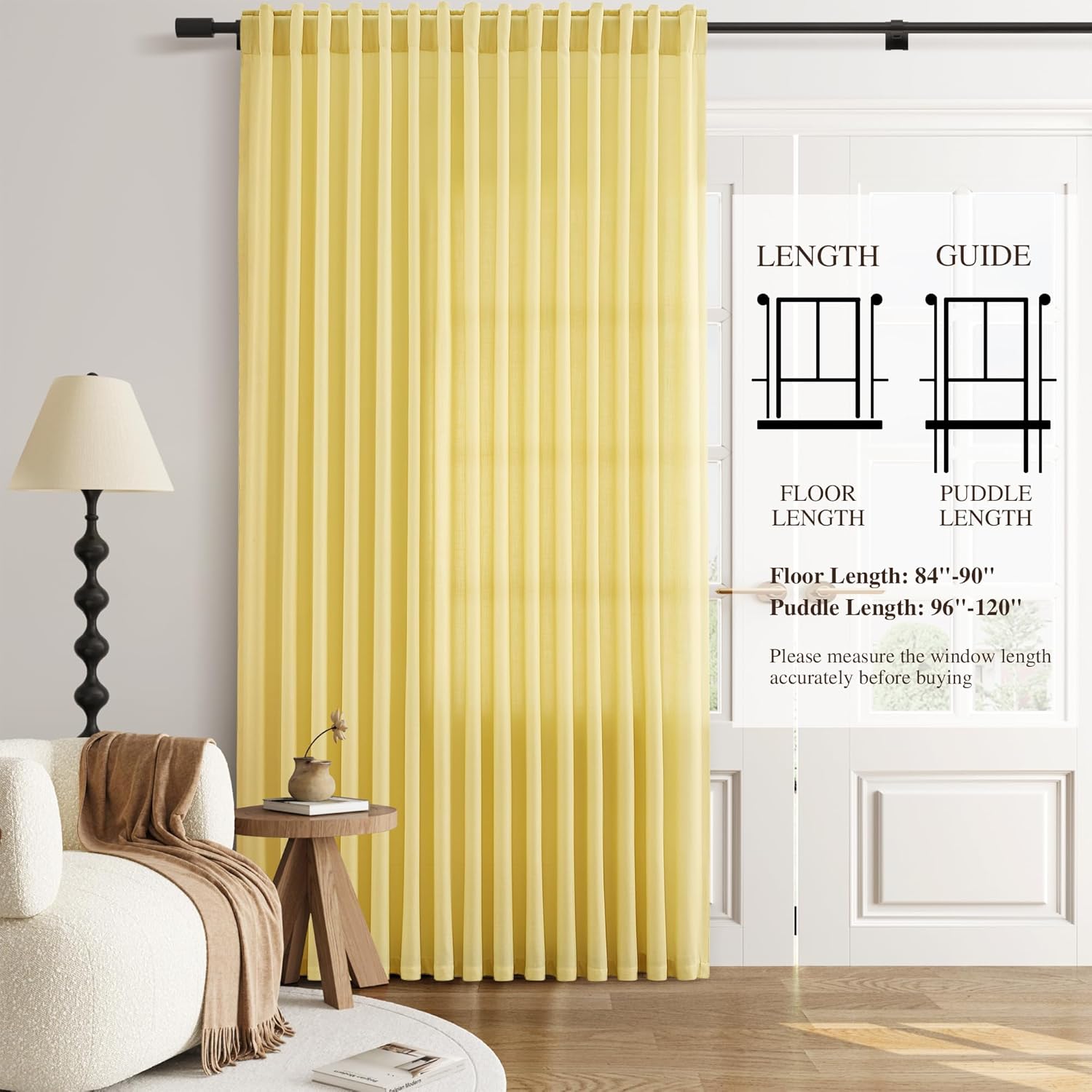 Yellow 100 Inch Wide Curtain Linen Boho Extra Wide Back Tab Curtains Semi Sheer Sliding Glass Door Farmhouse Patio Room Divider Light Filtering Drape for Living Room 1 Panel W100xL84