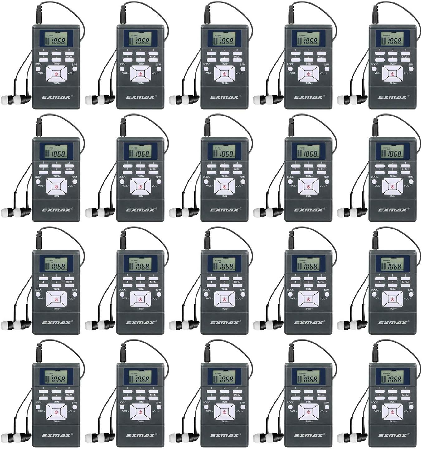 EXMAX® EXG-108 Wireless FM Radio Receiver Portable Pocket Battery Opearated Radio DSP Stereo Digital LCD Clock Earphone for Tour Guide System Social Distancing Teaching Meeting - 20 Pack (Gray)