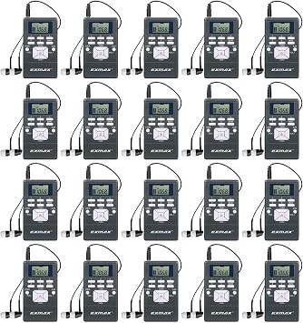EXMAX EXG-108 Wireless FM Radio Receiver Portable Pocket Battery Opearated Radio DSP Stereo Digital LCD Clock Earphone for Tour Guide System Social Distancing Teaching Meeting - 20 Pack Gray