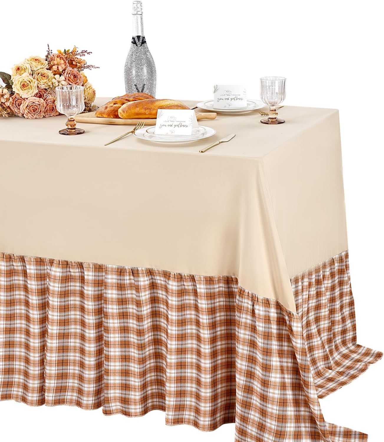 Fanqisi Brown Ruffle Table Cloth Fall Tablecloth - 90 x 132 Inch Polyester Tablecloths Rectangle Thanksgiving Table Cover for Birthday Wedding Picnic Christmas Party Decoration