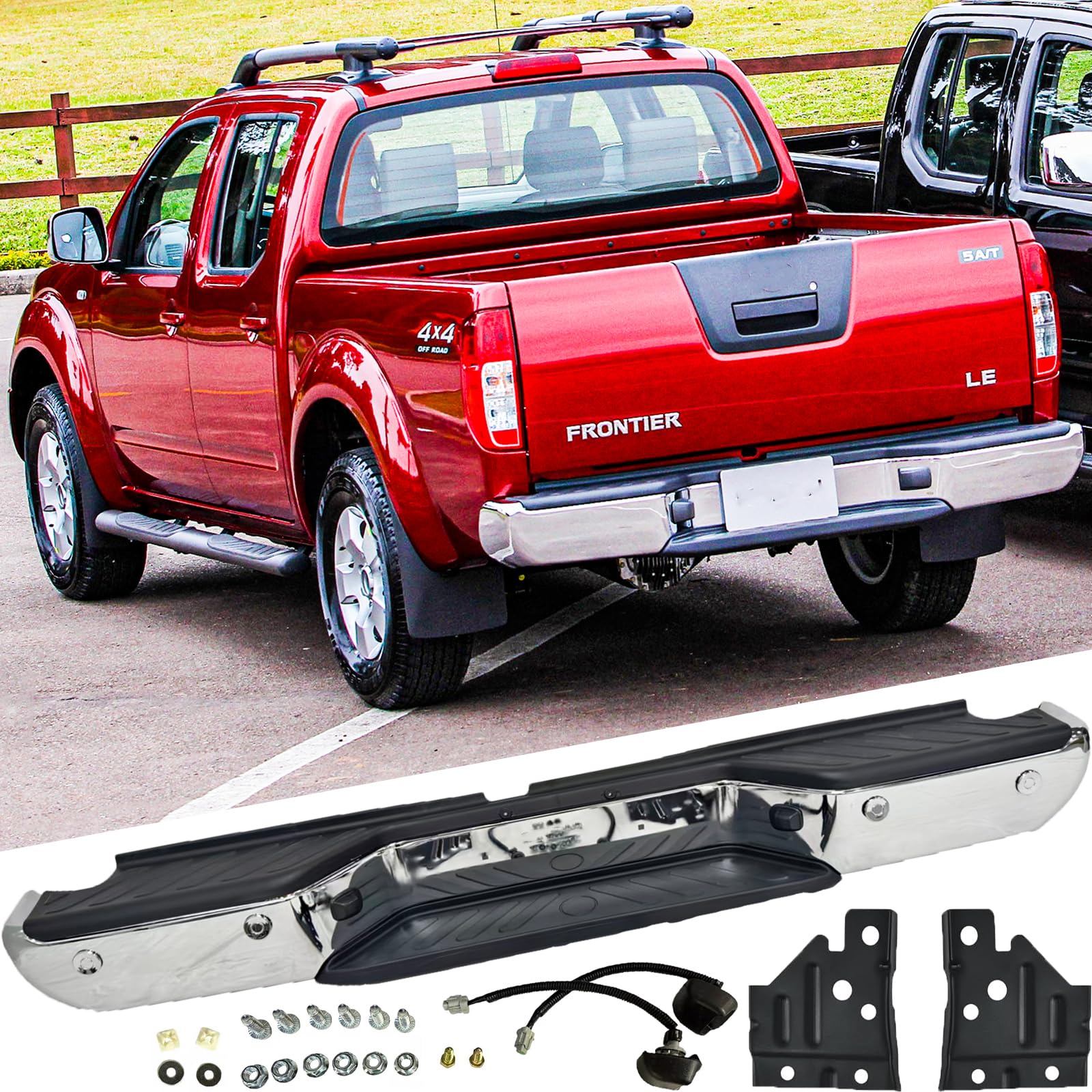 Photo 1 of Rear Steel Step Bumper Assembly for 2005-2021 Nissan Frontier Chrome Back Bumper Replacement for NI1103114,with Pads Brackets and License Plate Lights