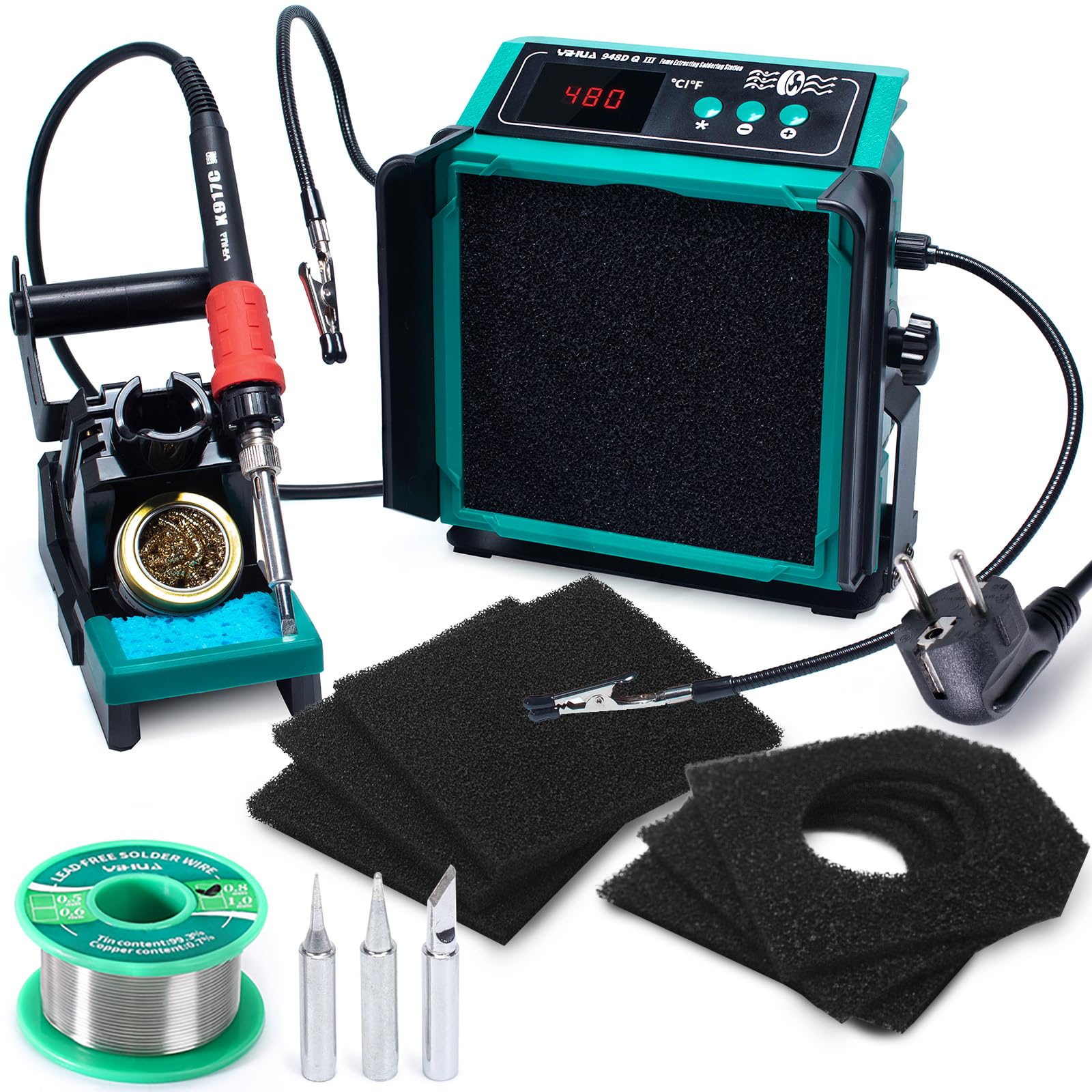 YIHUA 948DQ-III 2-in-1 Lötdampf-Absaugventilator 110W Lötstations Lötkolben Set Lötabsaugung Lötrauchabsorber mit Helfenden Händen Eisenhalter Eisenspitzen Filter Lötdraht (EU PLUG)