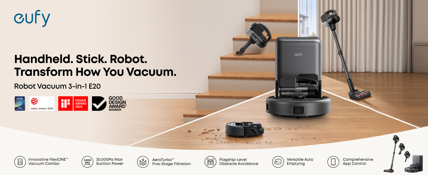 eufy Robot Vacuum 3-in-1 E20, Self Emptying Up to 75 days, Max