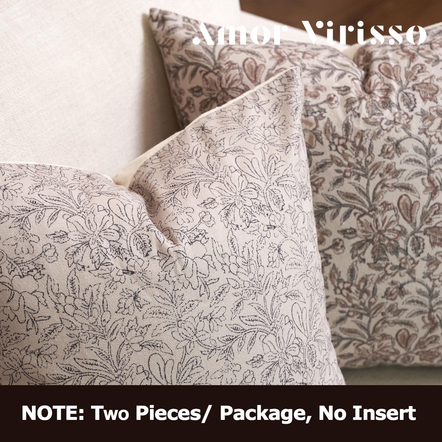 Amor Virisso Floral Throw Pillow Covers 18x18 Set of 2 Vintage Block Print Pillow Covers Decorative Pillow Covers Couch Pillows for Living Room Farmhouse Accent Sofa Pillows, Black/Sand - Image 4