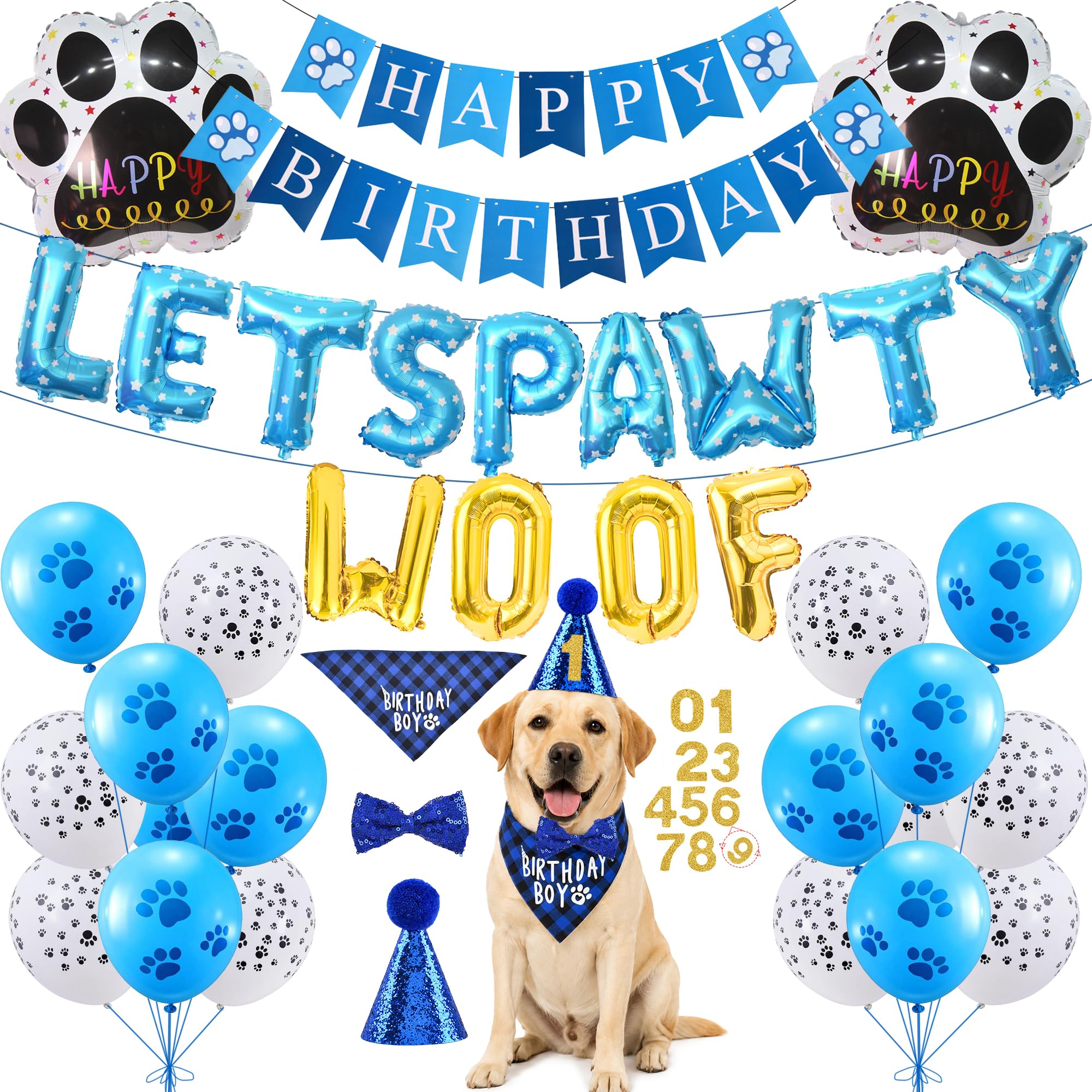 Dog Birthday Decorations Balloons Boy - 38 Pcs Blue Happy Birthday Banner LETSPAWTY WOOF Ballons Number Hat Bandanas with Dog Party for Large Dogs Pets Bowtie Cake Toy Puppy Supplies