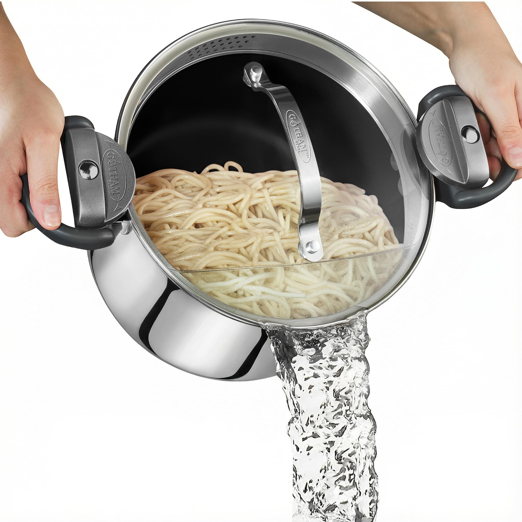 GOTHAM STEEL 5 Qt Stainless Steel Stock Pot Multipurpose Pasta Pot with Strainer Lid Twist and Lock Handles