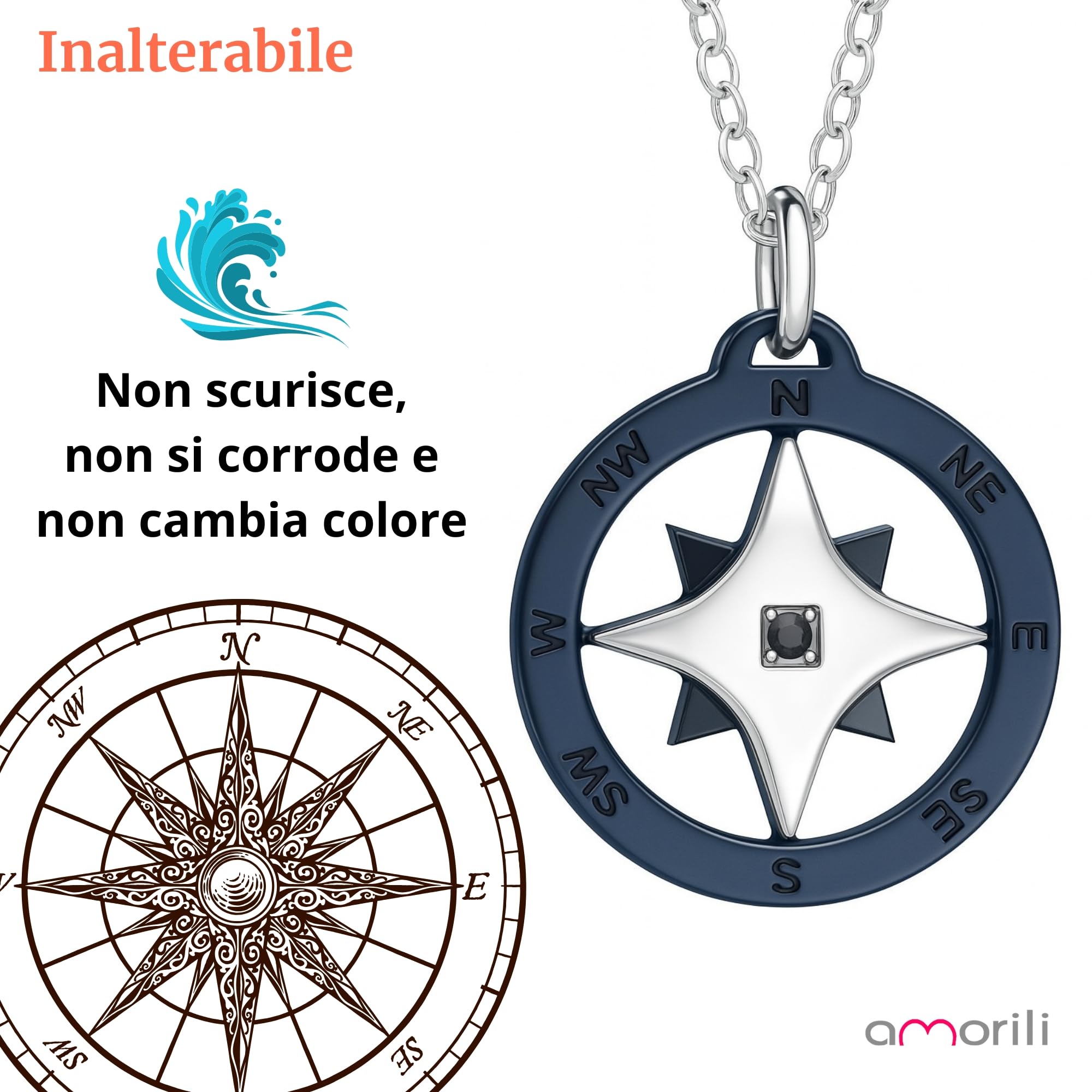 Collana Uomo Rosa dei Venti in Acciaio Inossidabile | Pendente Bussola Nautica | Catena Regolabile Fino a 50 cm | Gioiello Regalo Elegante Stile Marina Militare (y)