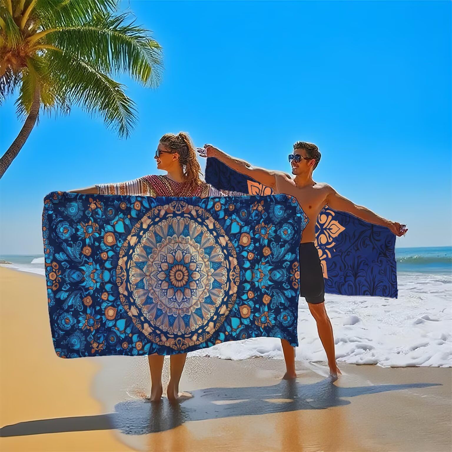 Niebieski ręcznik plażowy dla dorosłych, ręcznik z mikrofibry 100 x 200 cm, duży, 2 sztuki, ręczniki kąpielowe, unikalne zatrzaskowe, chłonne, szybkoschnące, odporne na piasek, lekka konstrukcja, do