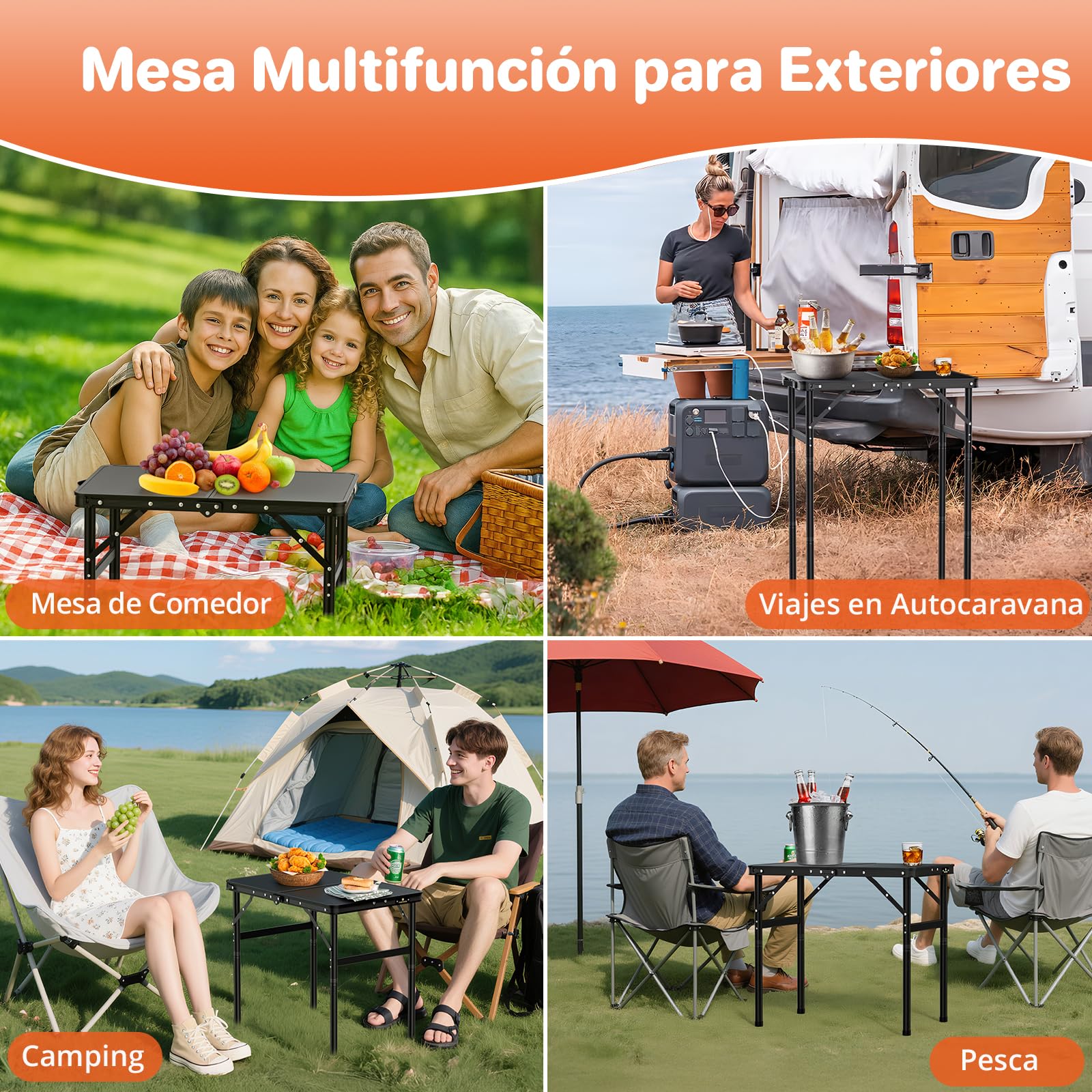 FUNYKICH Mesa Plegable Camping con Rosca 60x40cm 3 Alturas Ajustables (27/51/75cm), Mesa Plegable Portátil Aluminio, Panel de MDF, Ligera y Duradera,Bolsa de Almacenamiento, para Camping,Pesca,Hogar