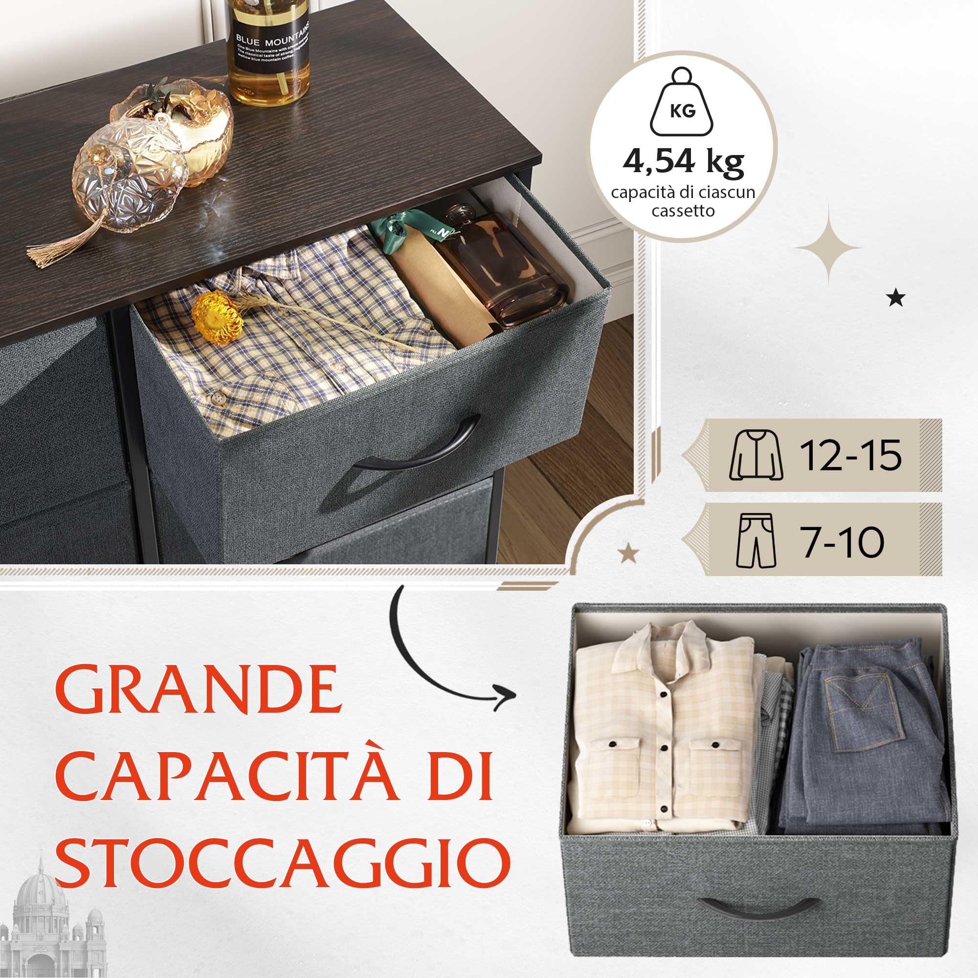 WLIVE Cassettiera in Tessuto con Cassetti, Cassettiera Camera da Letto, Struttura in Acciaio Ideale per Soggiorno, Cameretta di Bambini, Corridoio (Grigio Nero, 6 Cassetti)