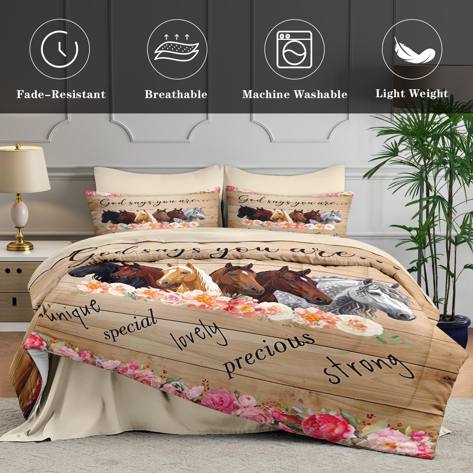 WeCozy Juego de edredón de 5 piezas de tamaño individual con funda de almohada y funda, juego de ropa de cama de flores de animales de caballos para niños y adultos, pensamientos inspiradores, cama en